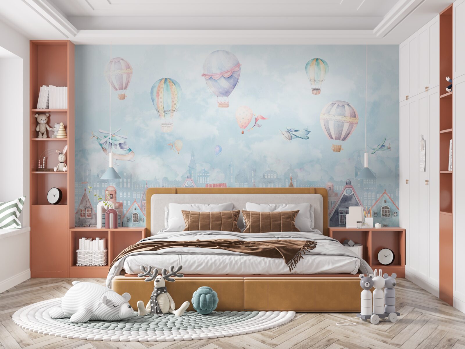 Фотошпалери над будинками, пофарбованими в різні кольори, пролітають повітряні кулі