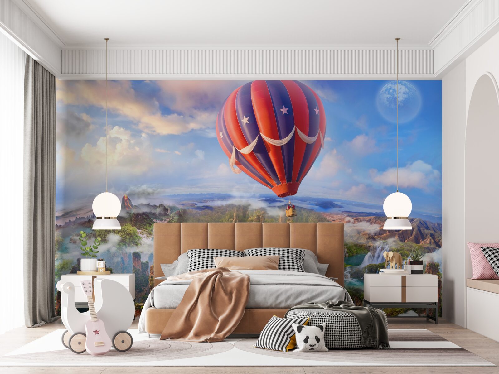 Фотошпалери куля, що пливе над чудовими водоспадами