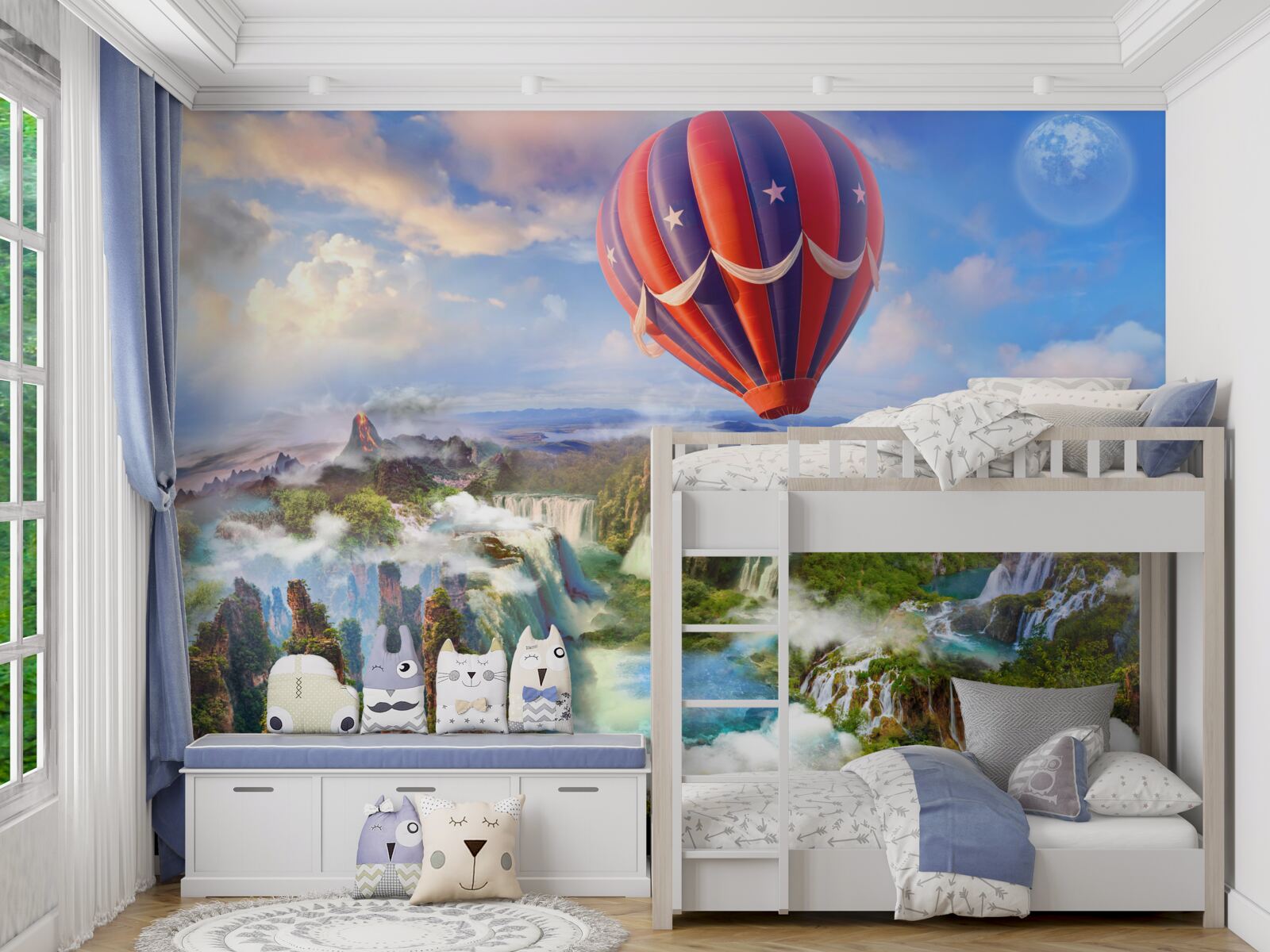 Фотошпалери куля, що пливе над чудовими водоспадами