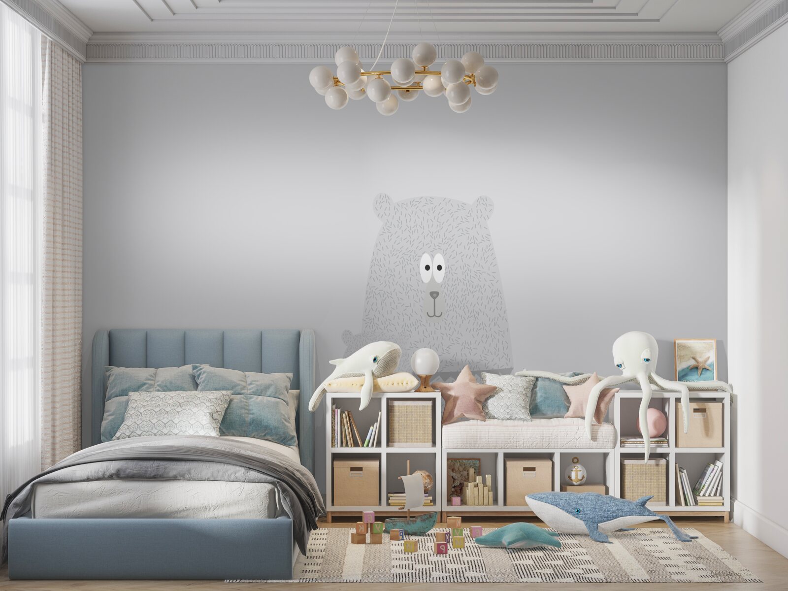 Фотошпалери сірі ведмеді на однотонному сірому тлі