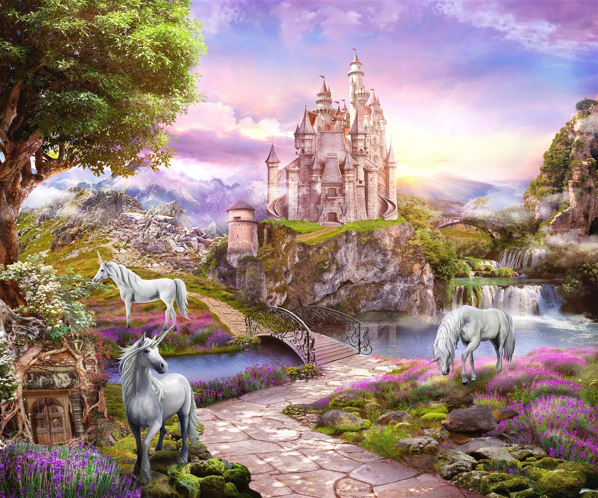 Фотошпалери замок біля річки зачаровує присутністю єдинорогів