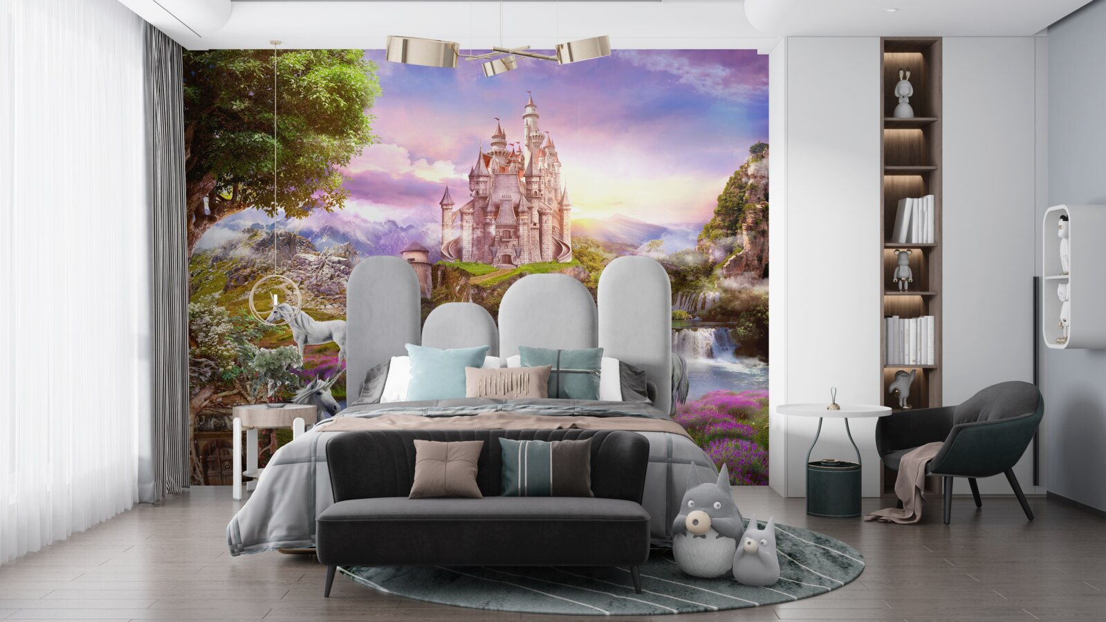 Фотошпалери замок біля річки зачаровує присутністю єдинорогів