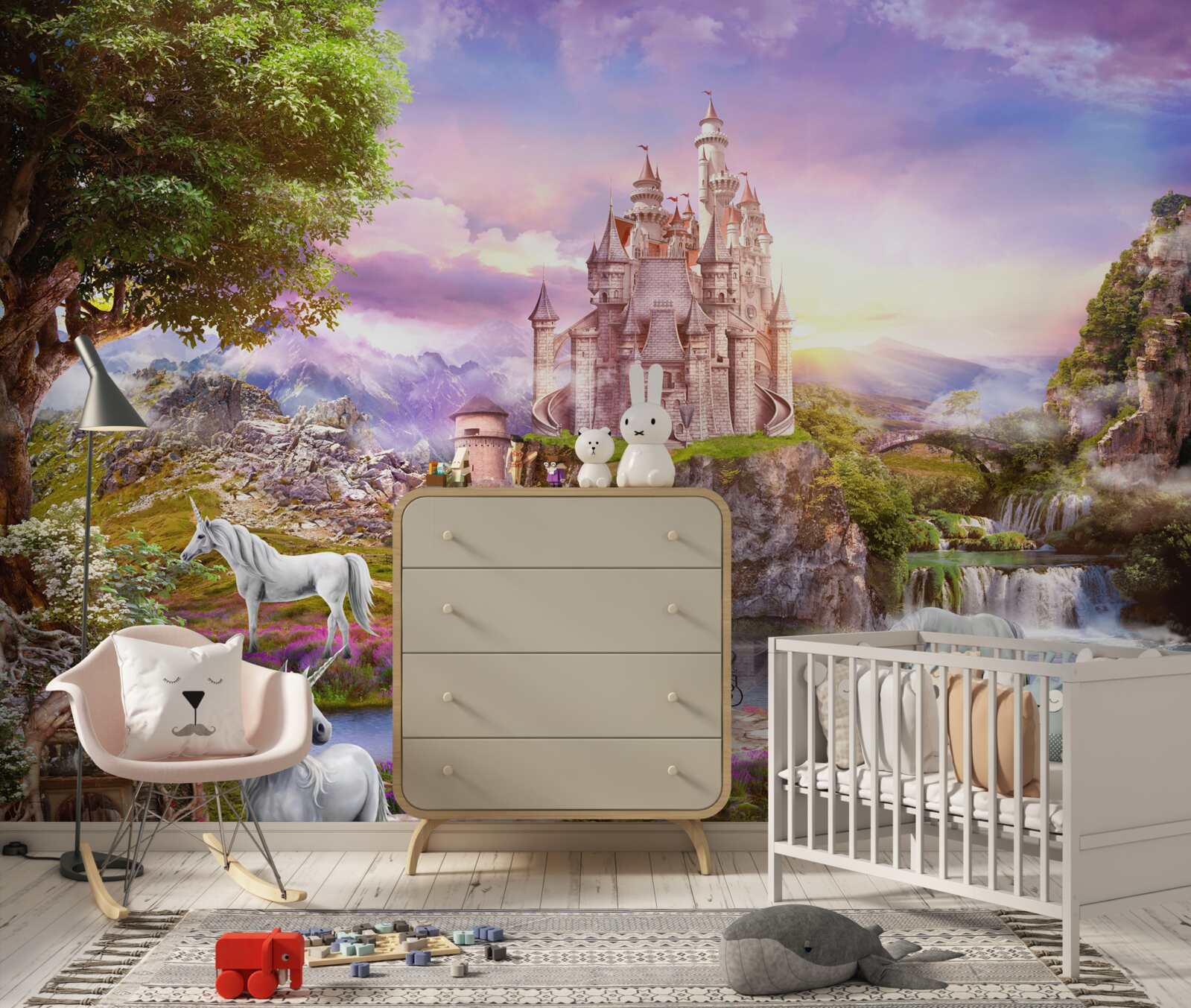 Фотошпалери замок біля річки зачаровує присутністю єдинорогів