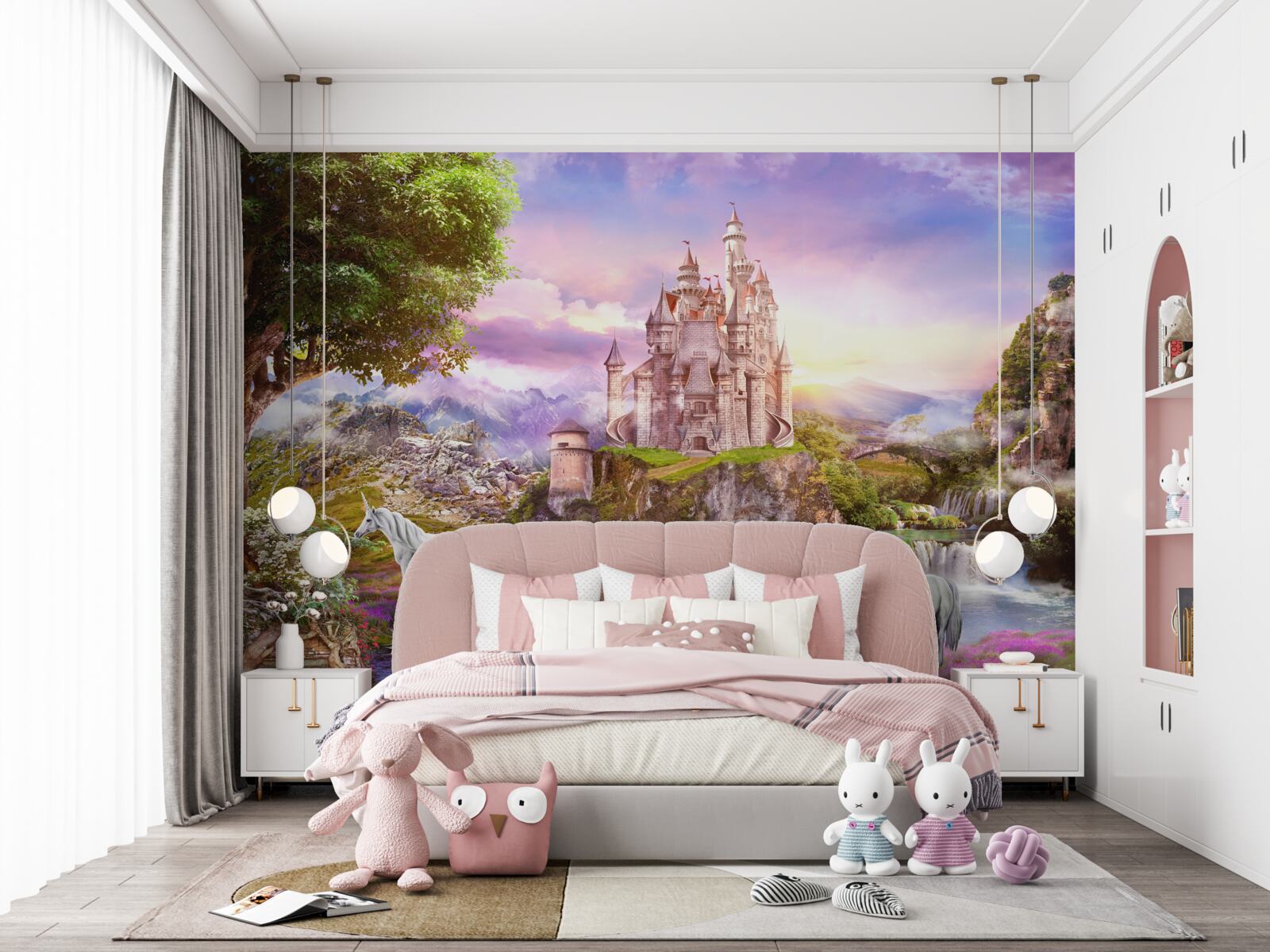 Фотошпалери замок біля річки зачаровує присутністю єдинорогів