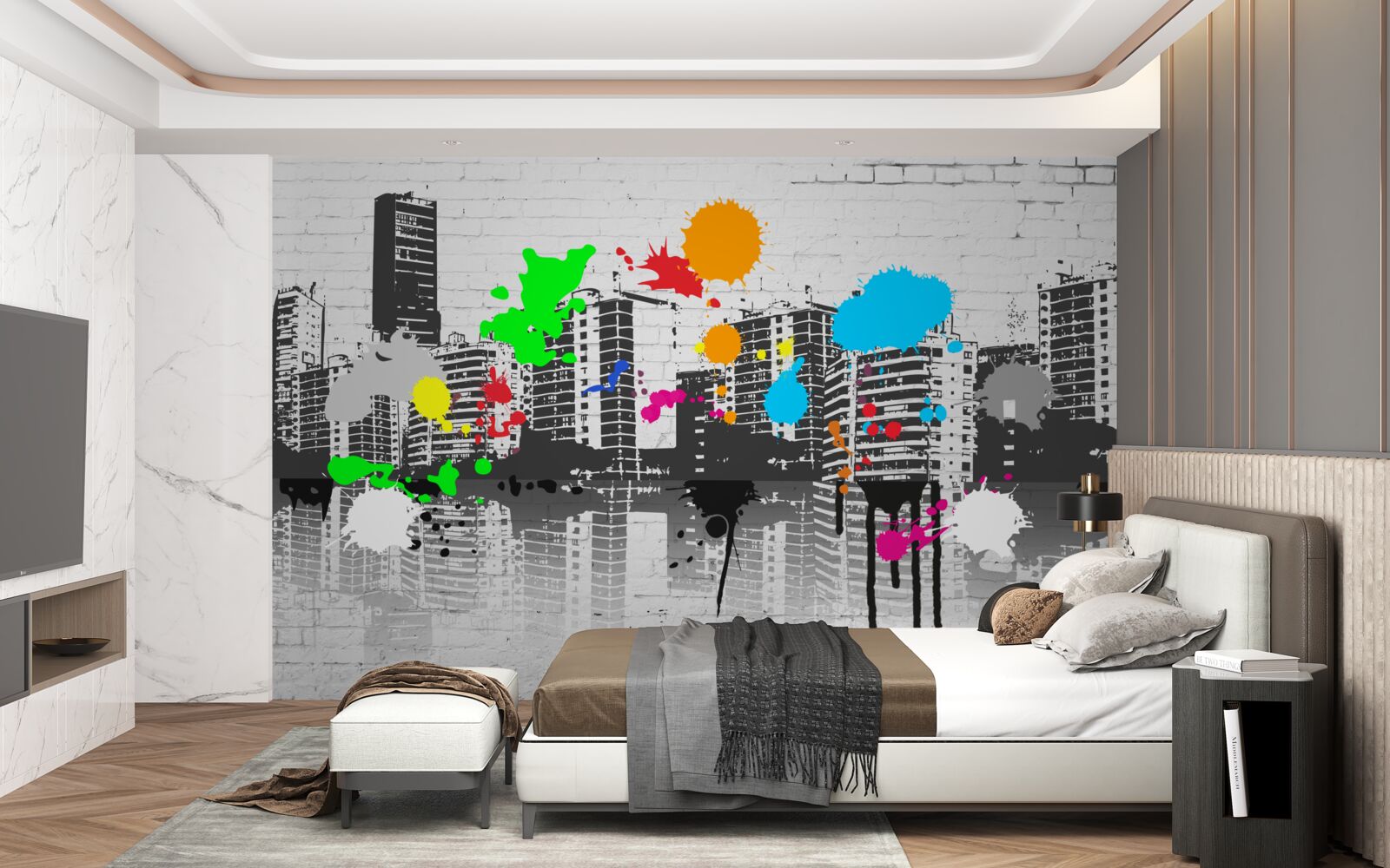 Фотошпалери графіті із зображенням міста в чорно-білих тонах