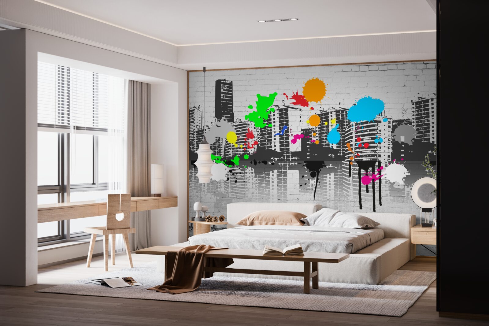 Фотошпалери графіті із зображенням міста в чорно-білих тонах