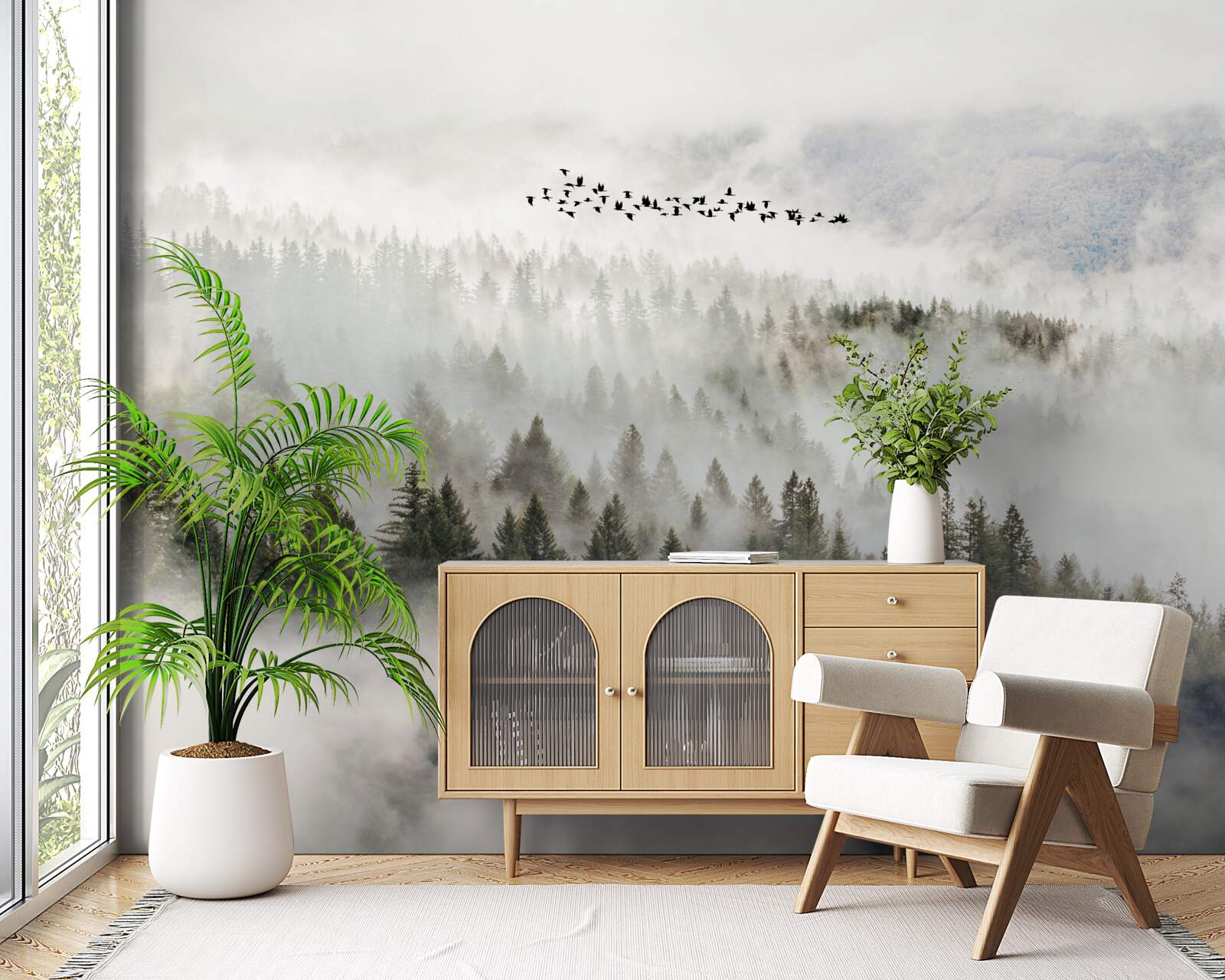 Фотошпалери група птахів високо над хмарним гірським чагарником