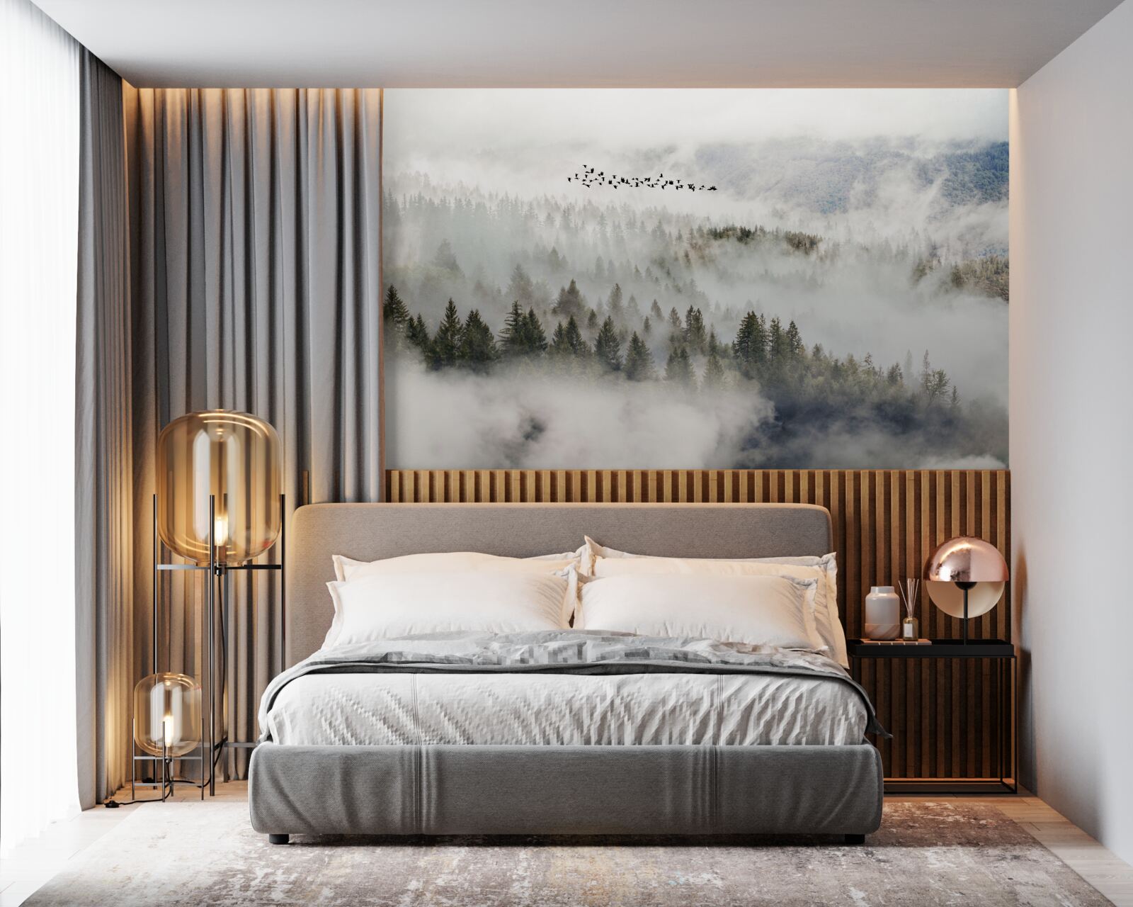 Фотошпалери група птахів високо над хмарним гірським чагарником