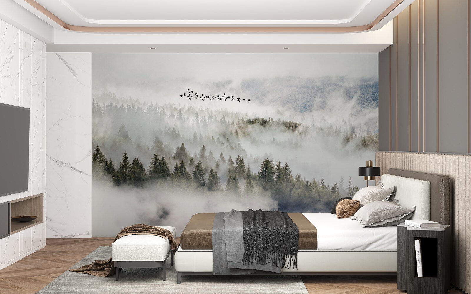 Фотошпалери група птахів високо над хмарним гірським чагарником