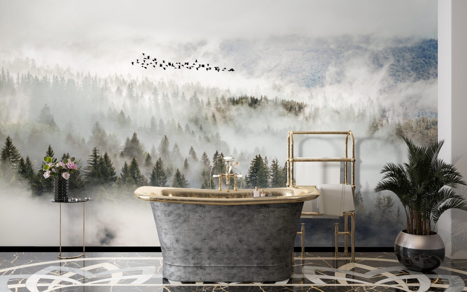 Фотошпалери група птахів високо над хмарним гірським чагарником