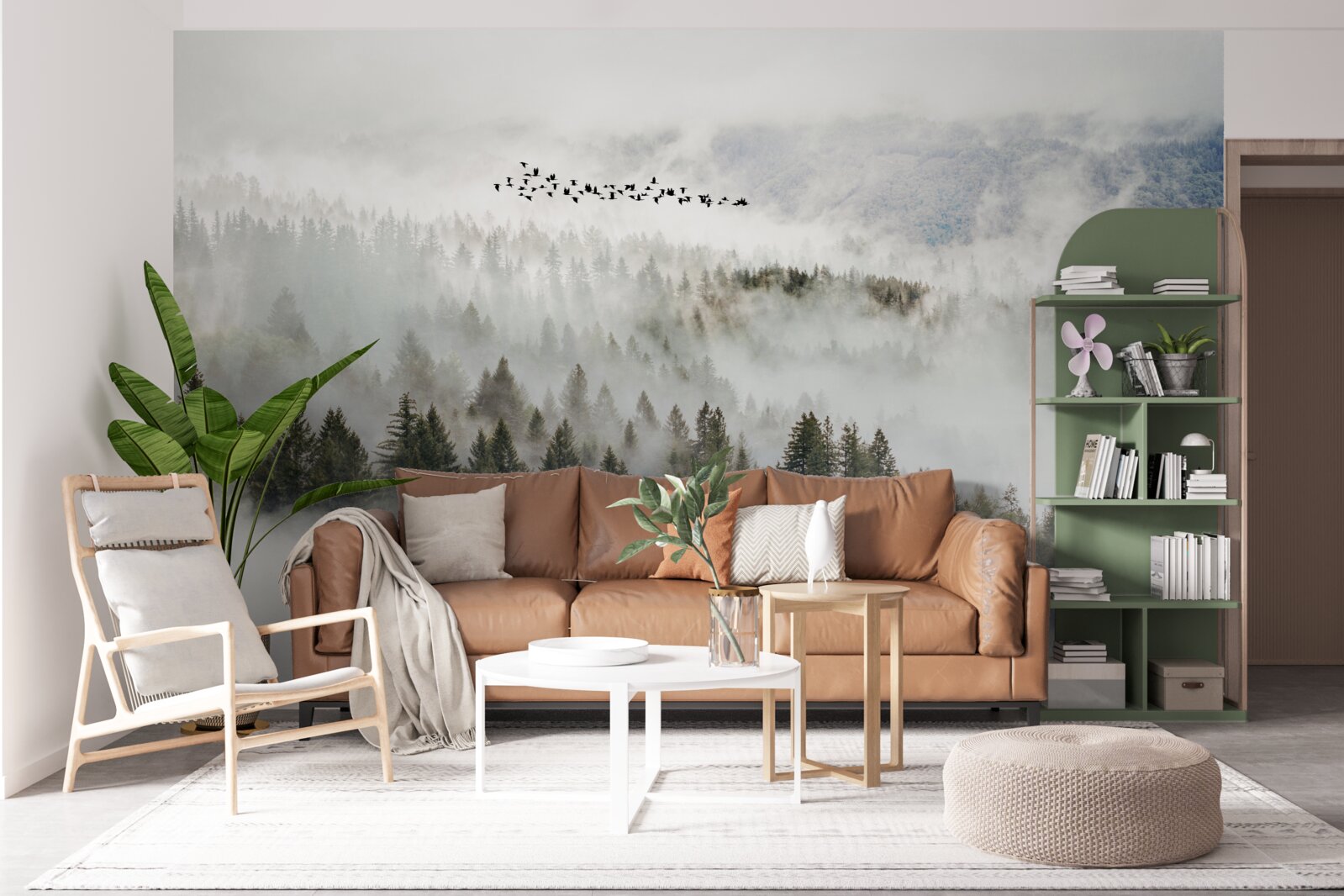 Фотошпалери група птахів високо над хмарним гірським чагарником