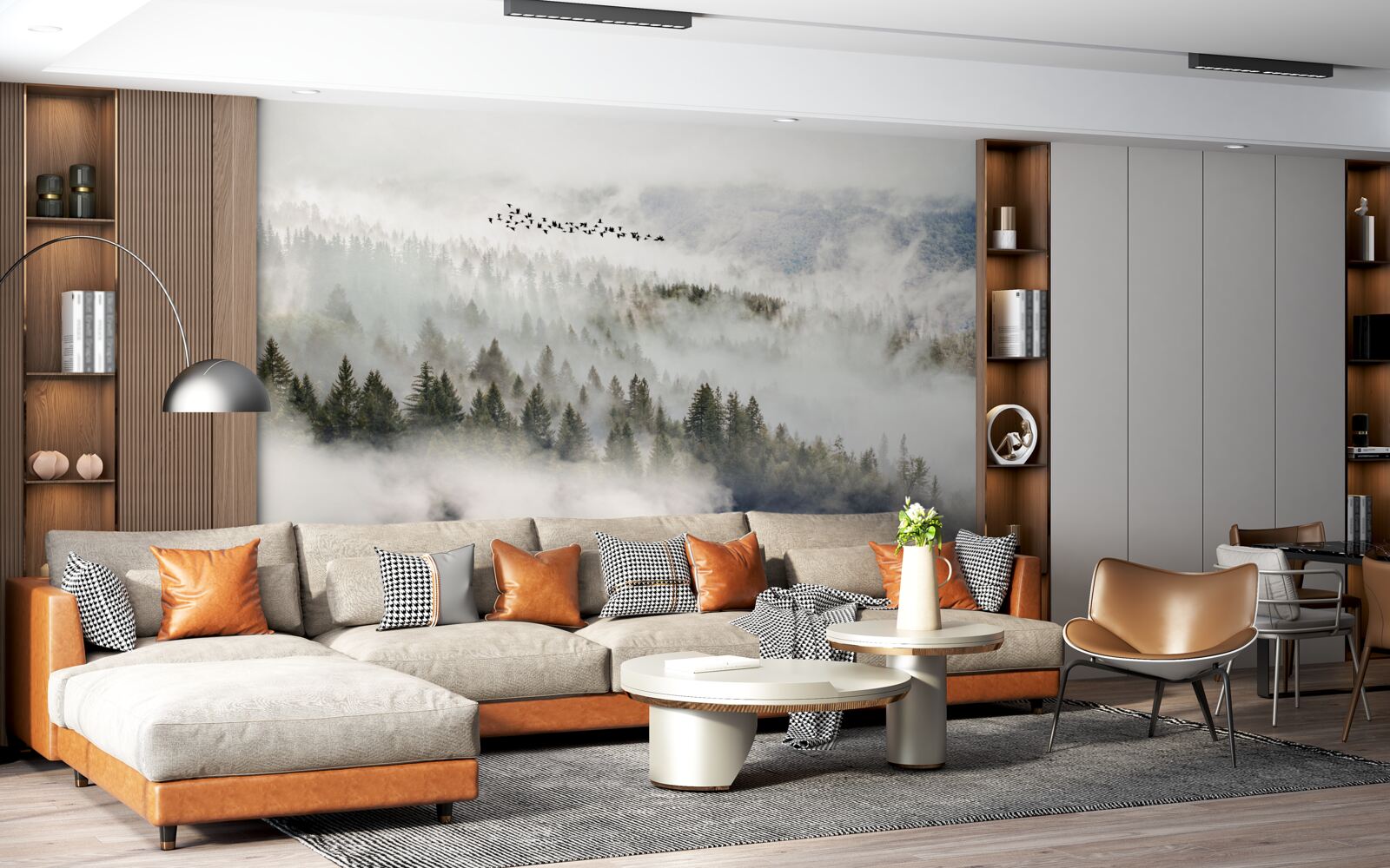 Фотошпалери група птахів високо над хмарним гірським чагарником