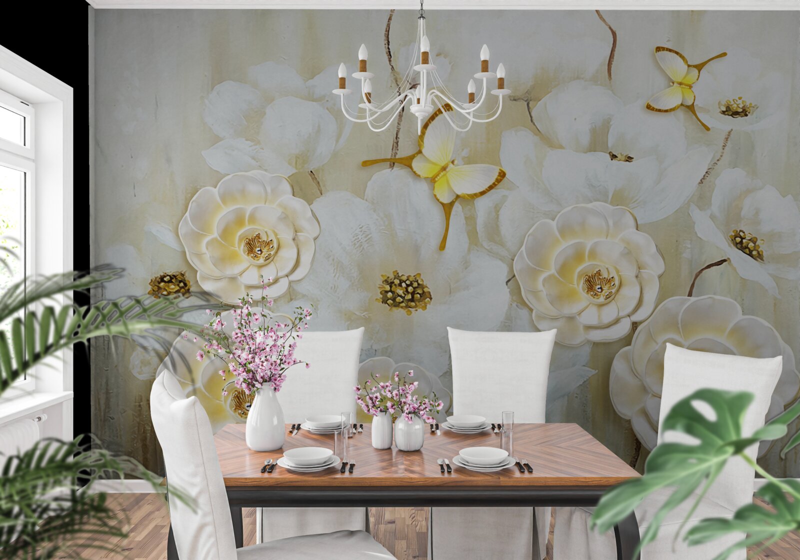 Фотошпалери незвичайні метелики та яскраві квіти