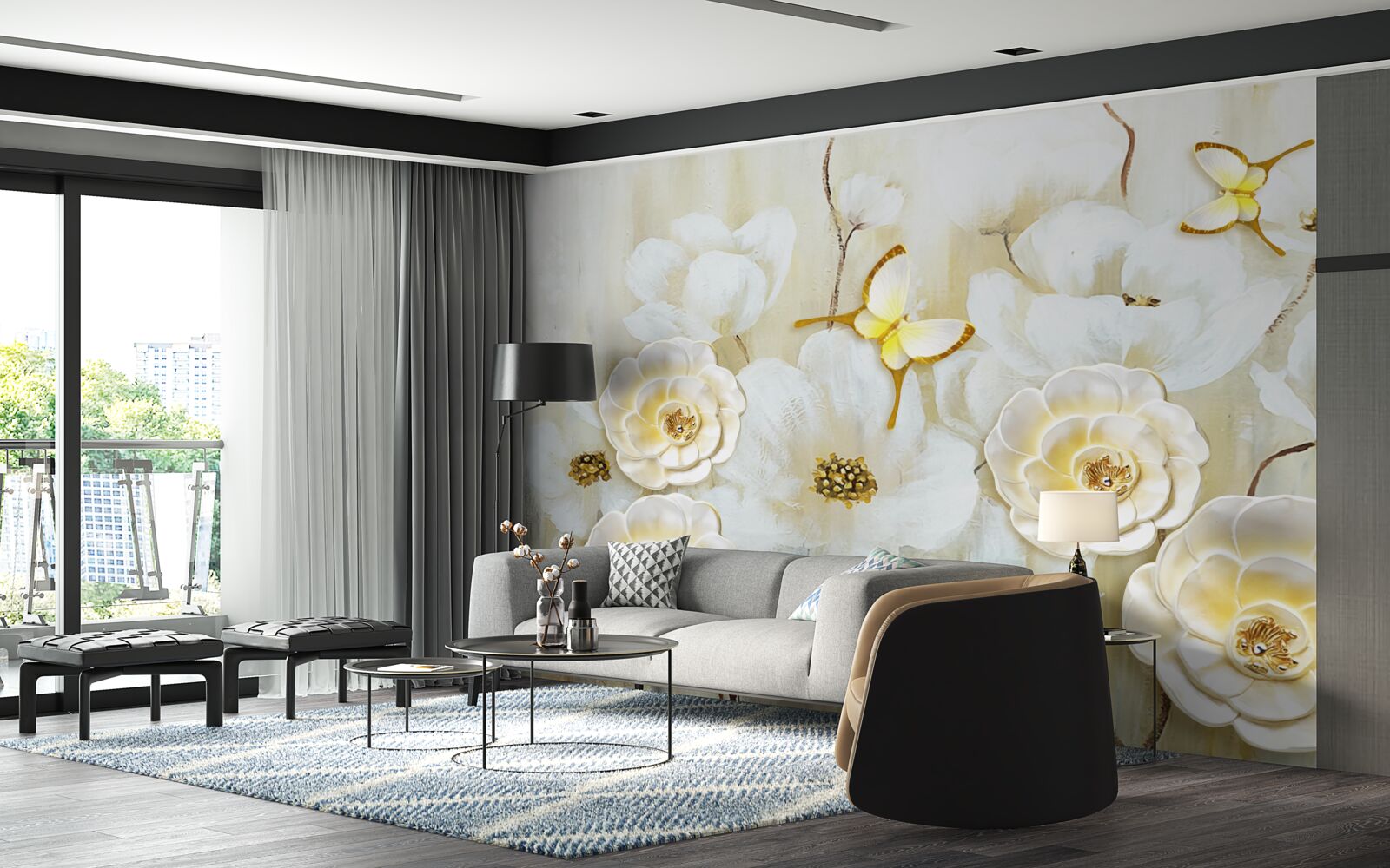 Фотошпалери незвичайні метелики та яскраві квіти