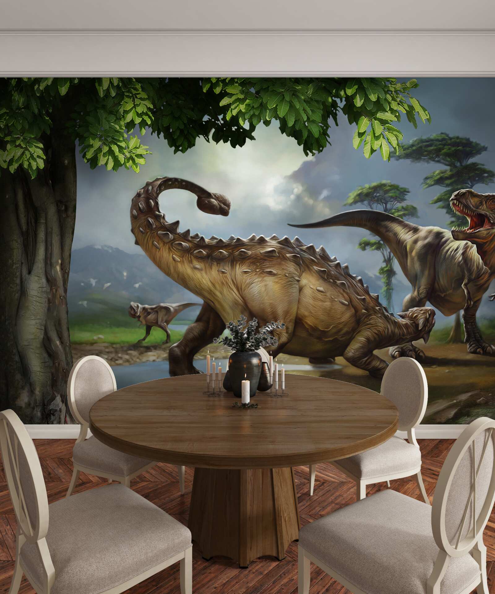 Фотошпалери динозаври живуть у лісі біля ставка