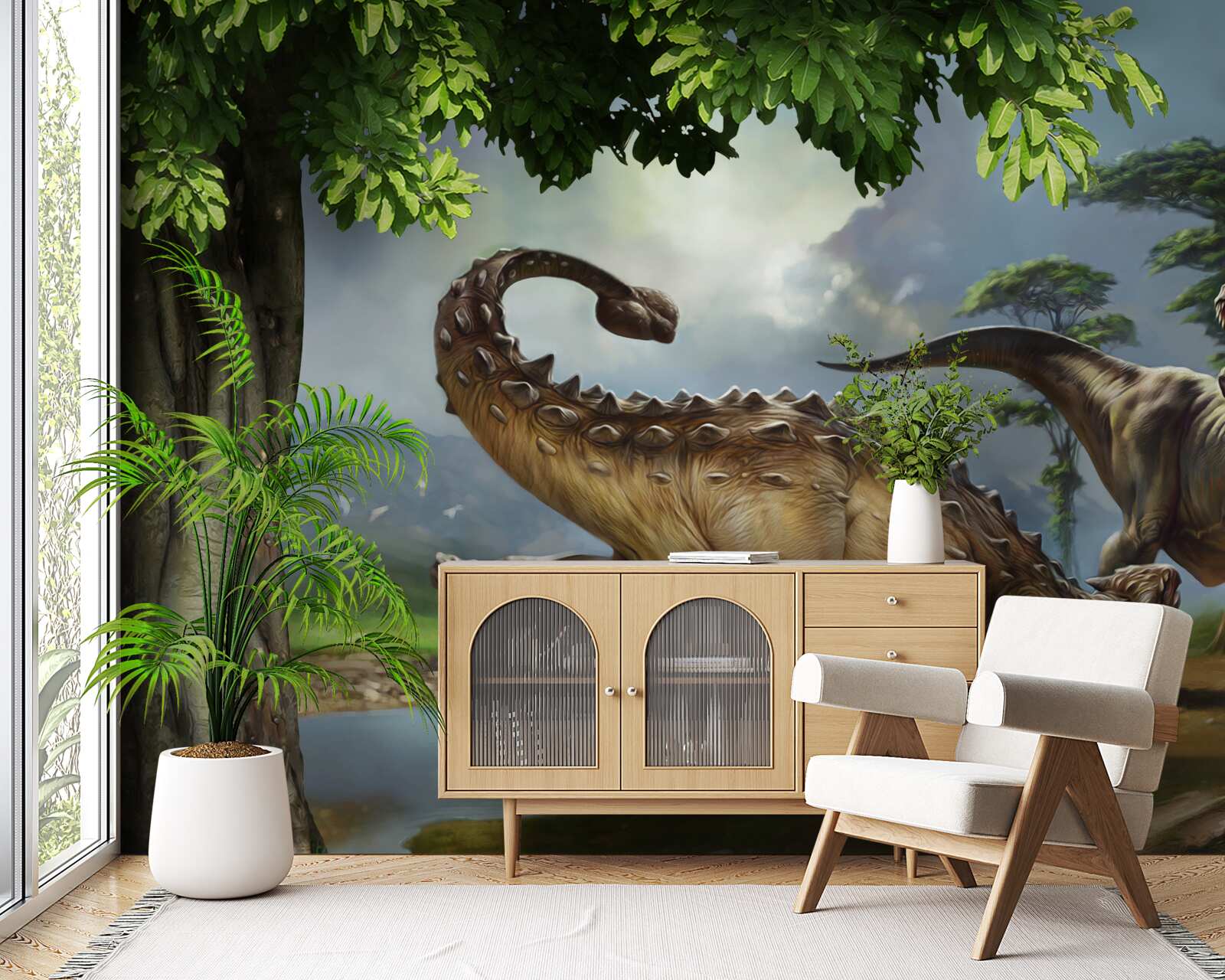 Фотошпалери динозаври живуть у лісі біля ставка