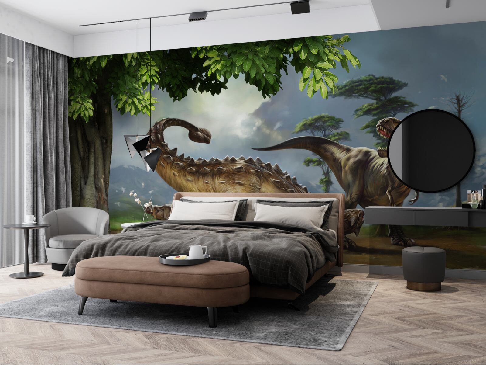 Фотошпалери динозаври живуть у лісі біля ставка