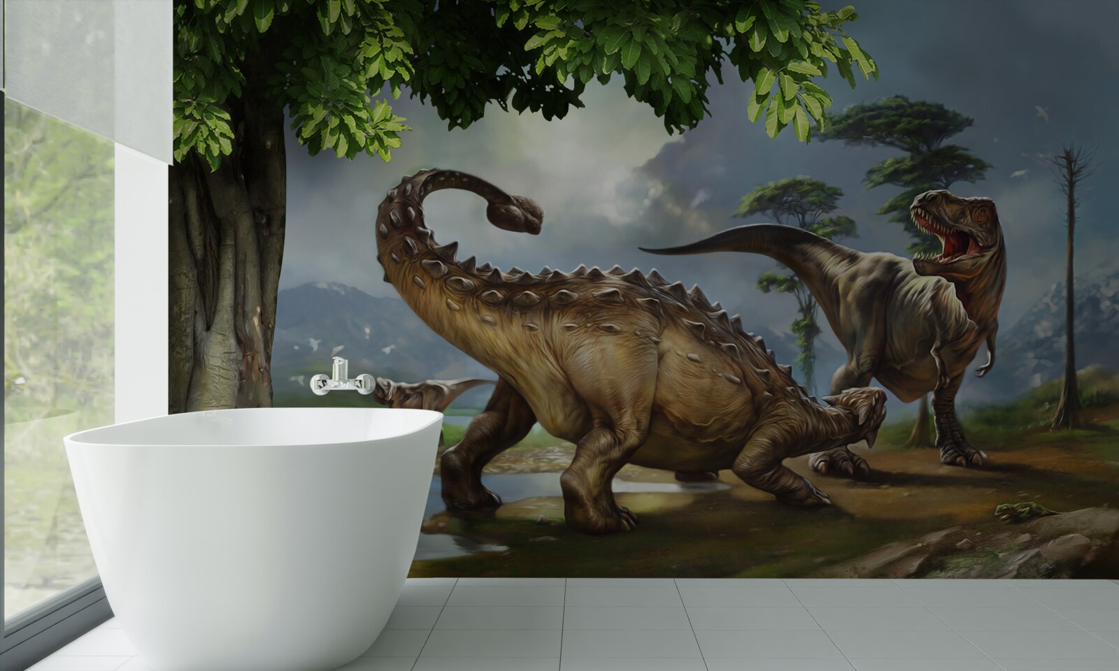 Фотошпалери динозаври живуть у лісі біля ставка