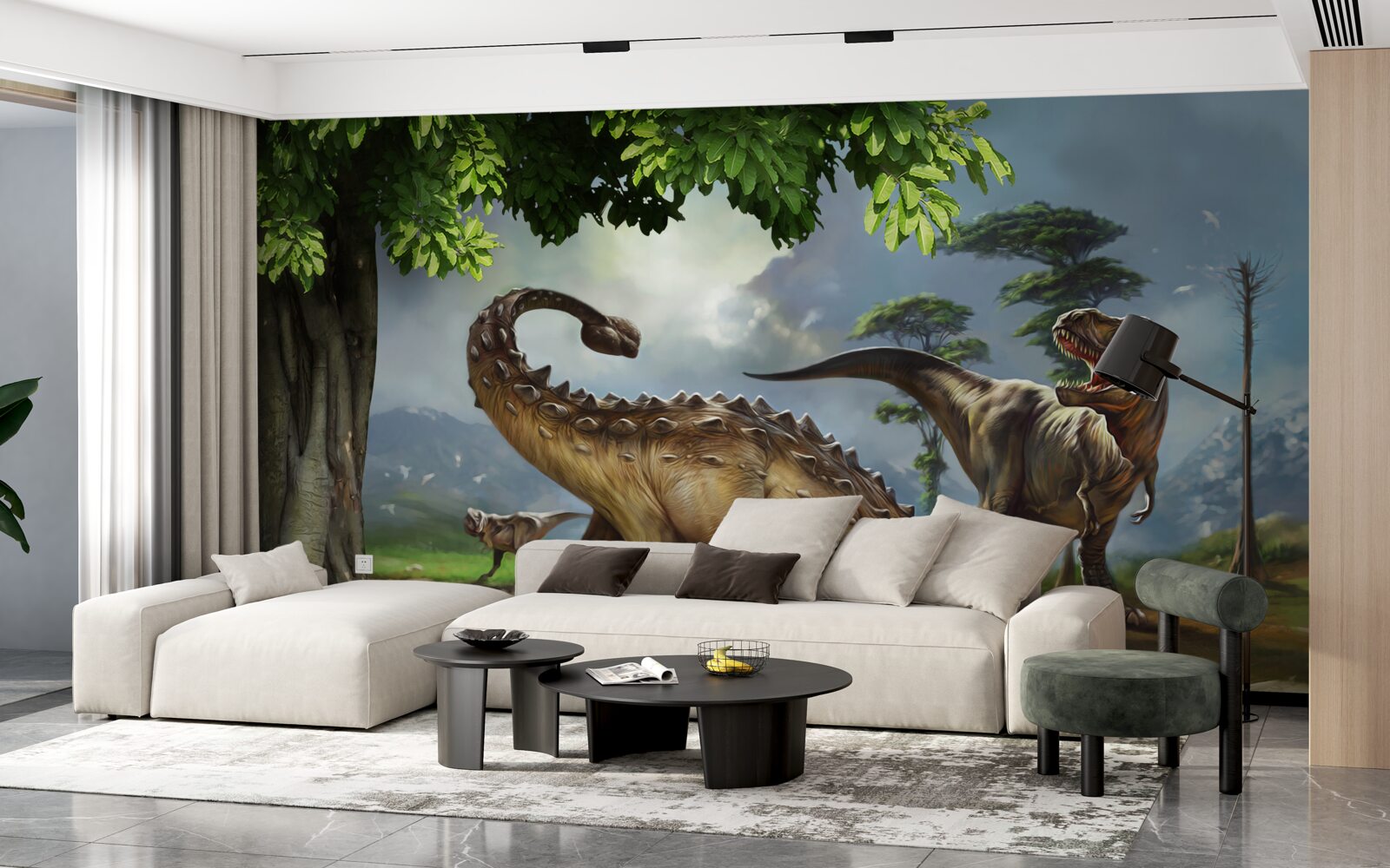 Фотошпалери динозаври живуть у лісі біля ставка