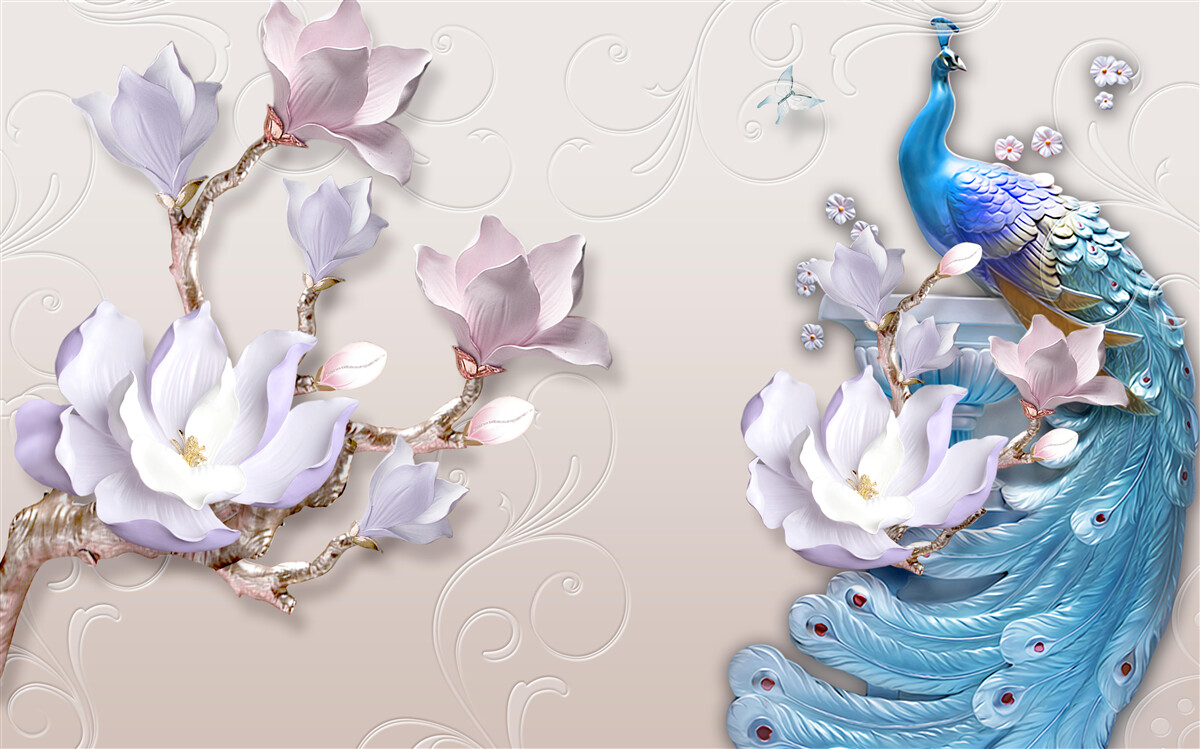 Фотошпалери білі магнолії прикрашають павича