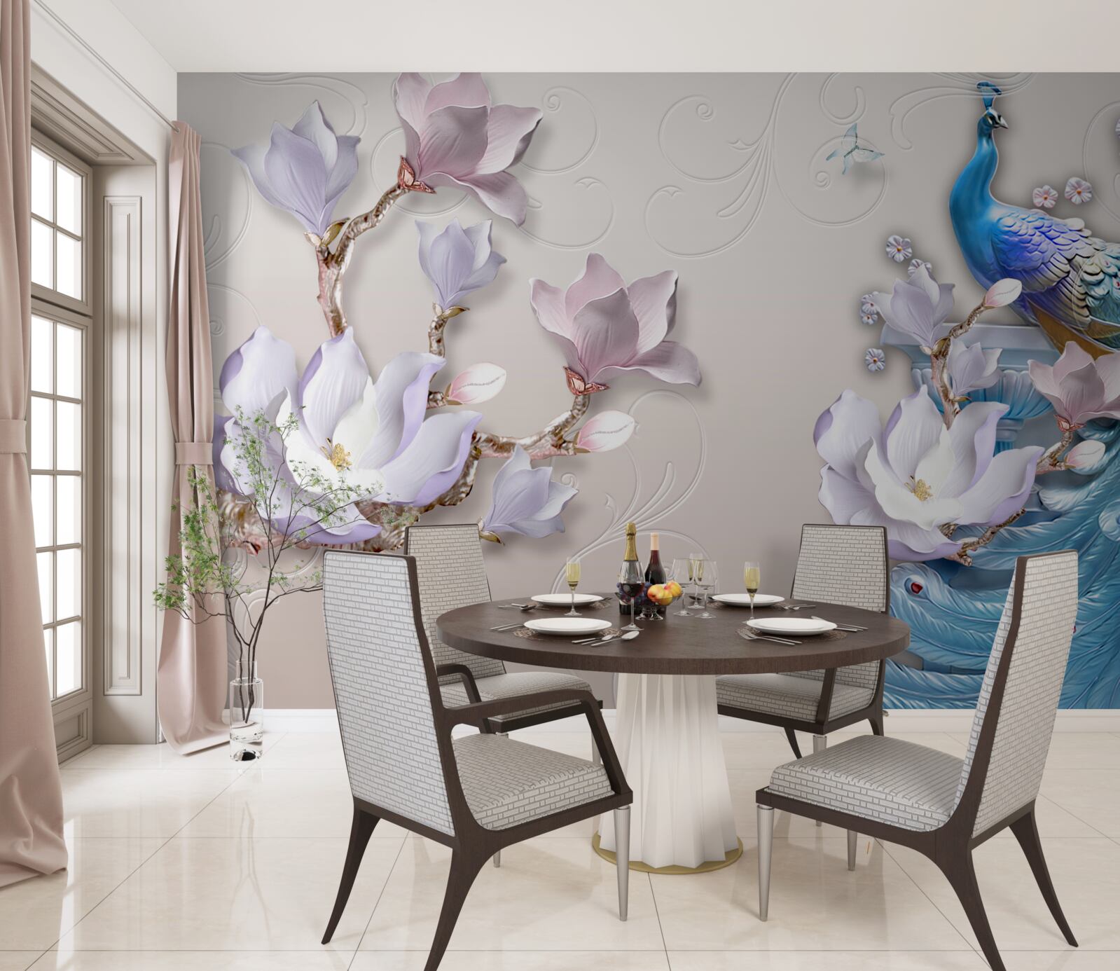 Фотошпалери білі магнолії прикрашають павича