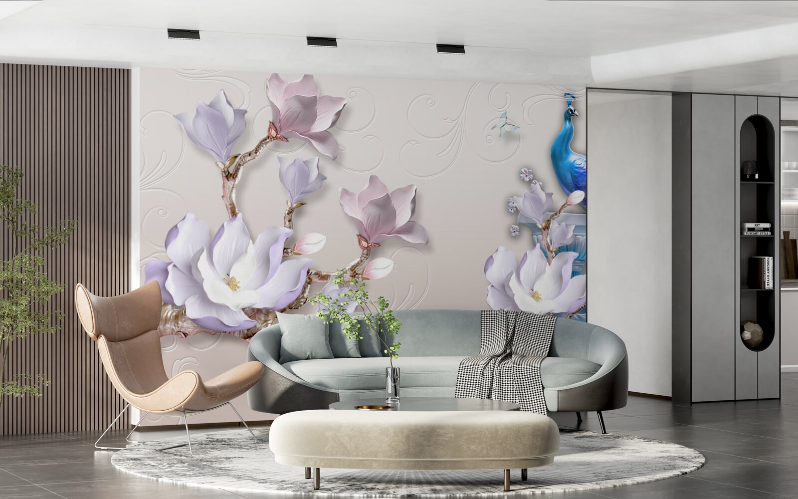 Фотошпалери білі магнолії прикрашають павича