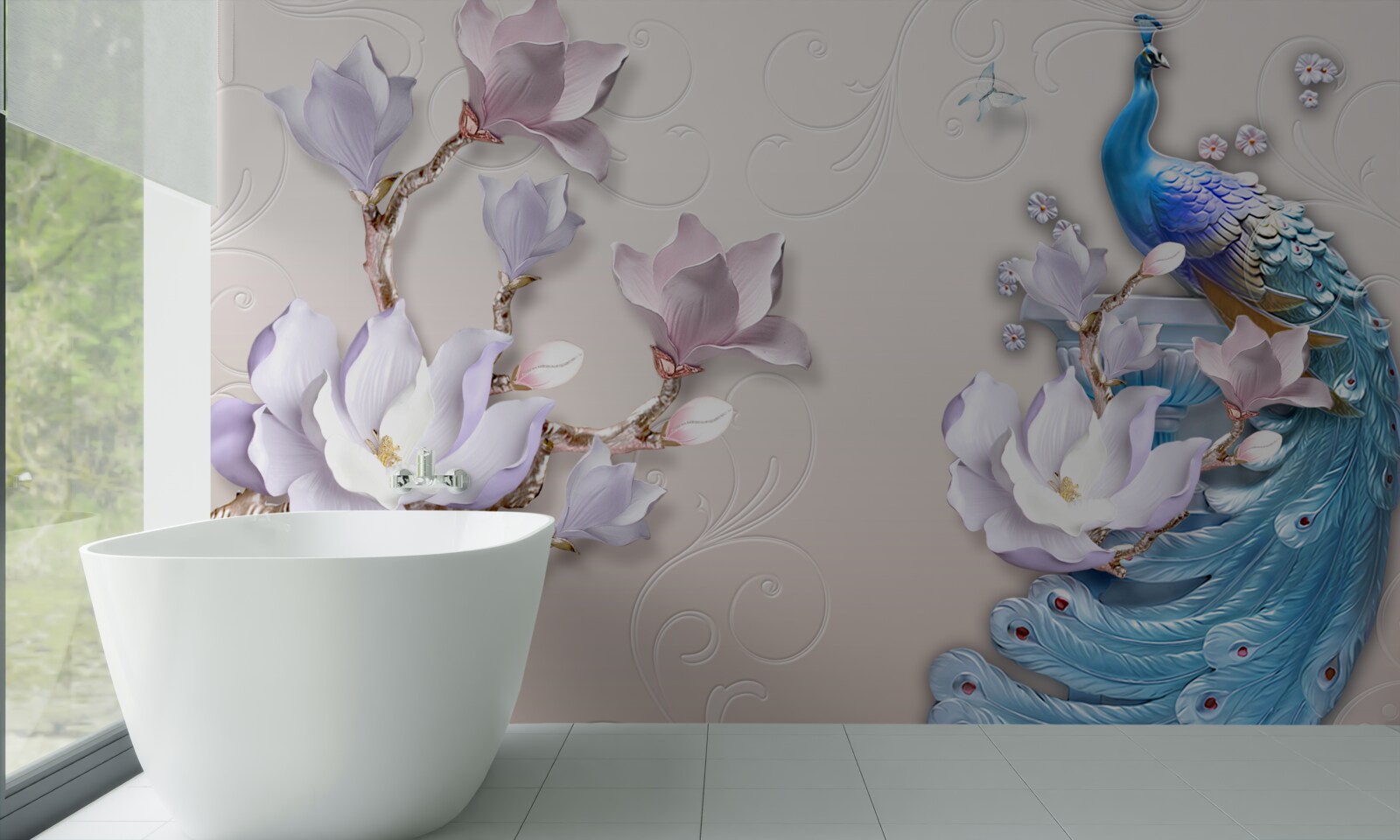 Фотошпалери білі магнолії прикрашають павича