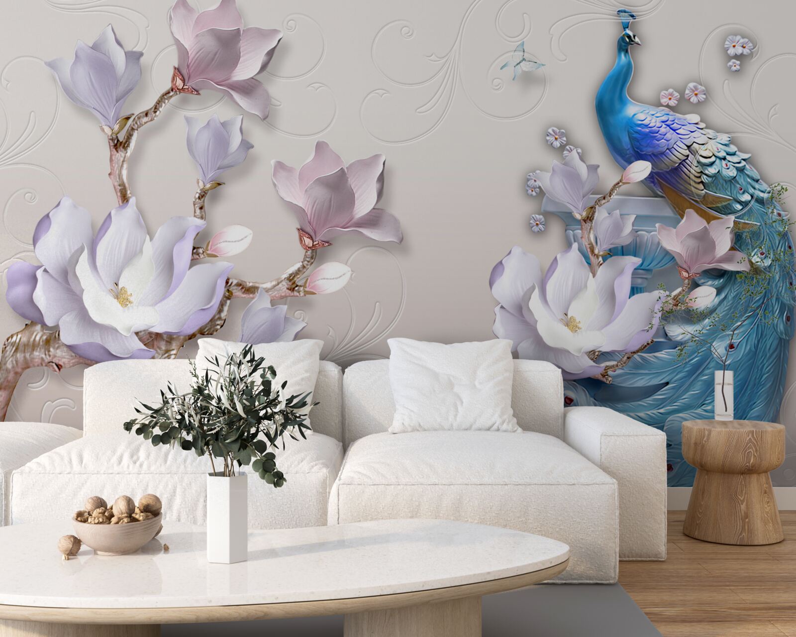 Фотошпалери білі магнолії прикрашають павича