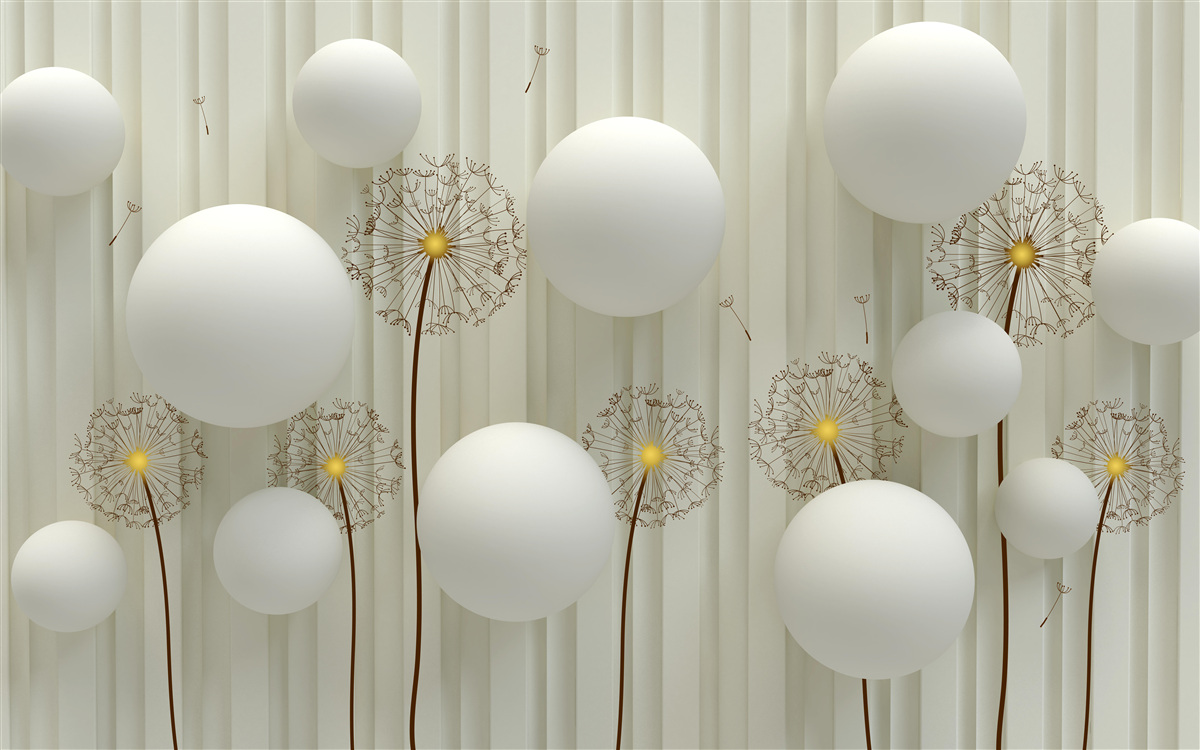 Фотошпалери композиція з білих кульок та квітучих кульбаб