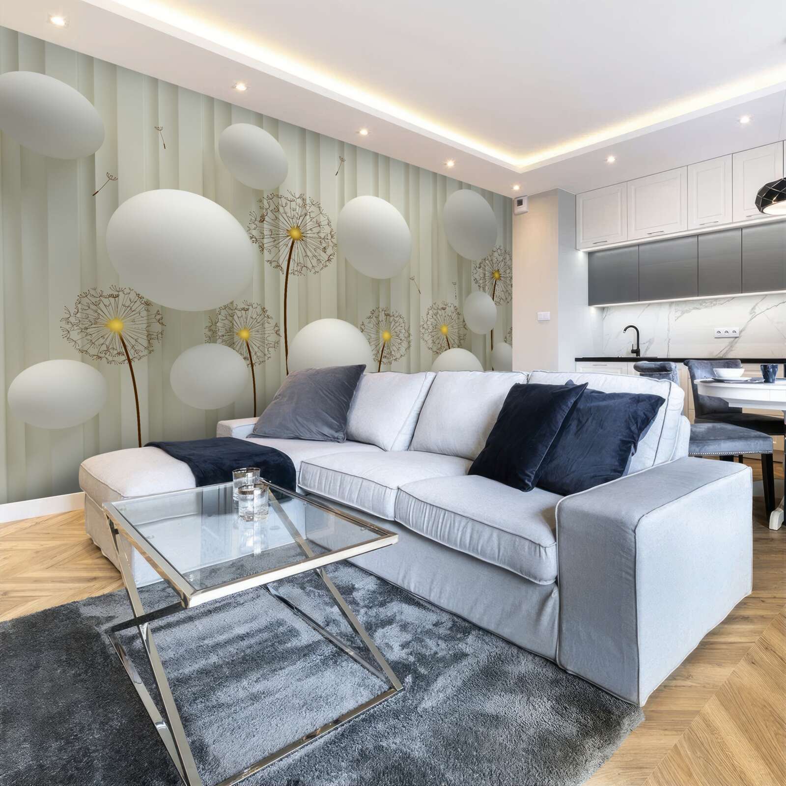 Фотошпалери композиція з білих кульок та квітучих кульбаб