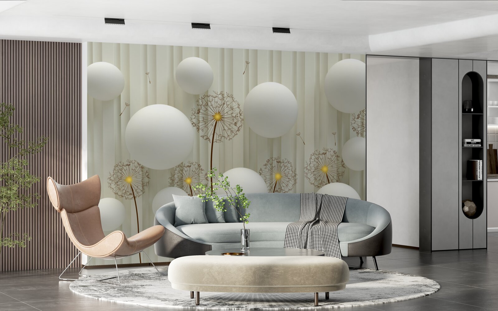 Фотошпалери композиція з білих кульок та квітучих кульбаб