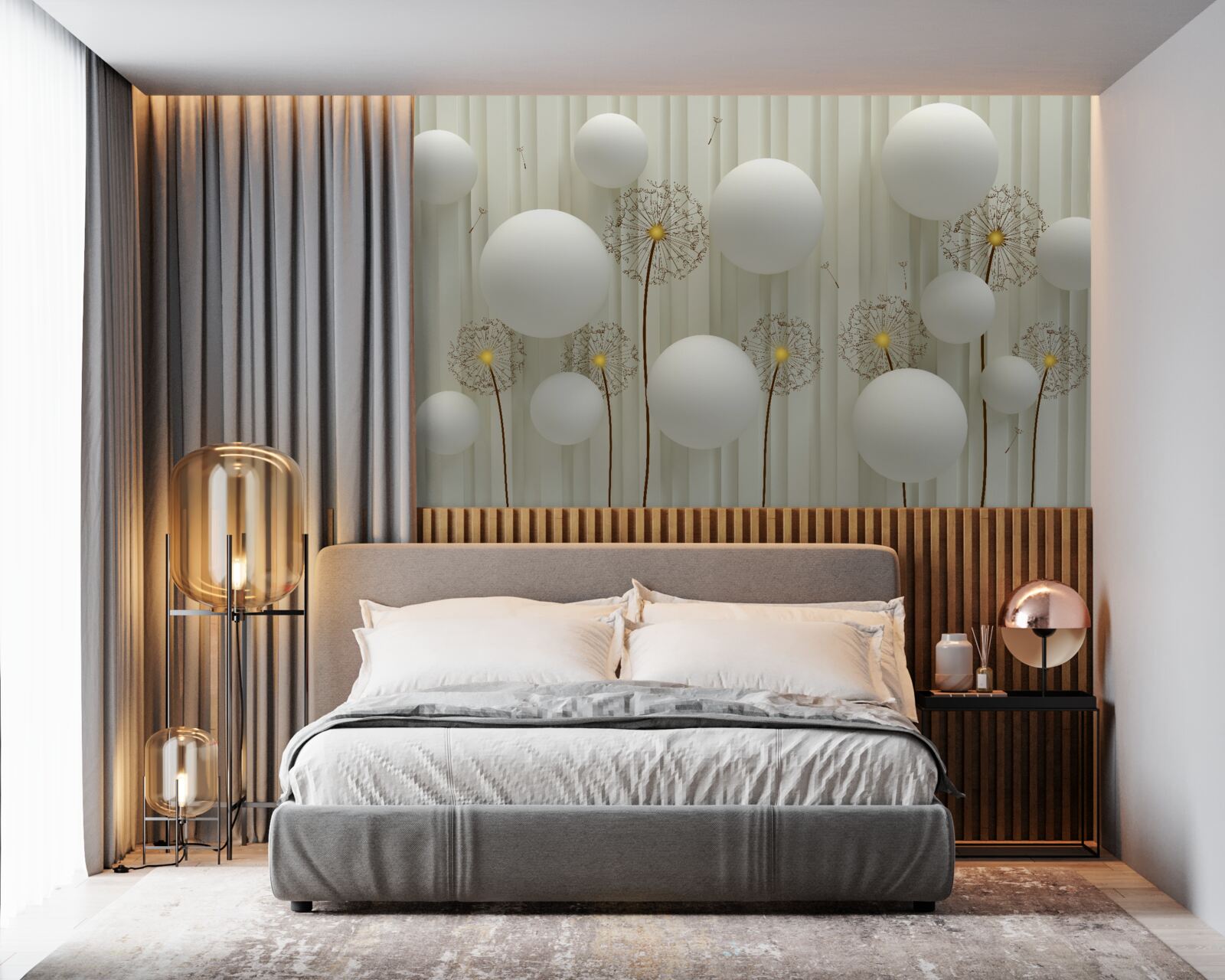 Фотошпалери композиція з білих кульок та квітучих кульбаб