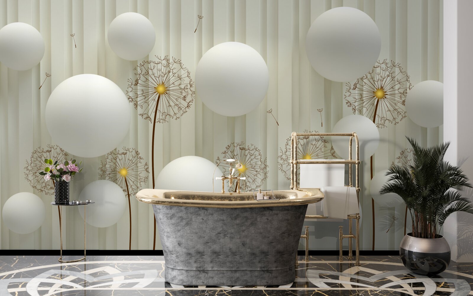 Фотошпалери композиція з білих кульок та квітучих кульбаб