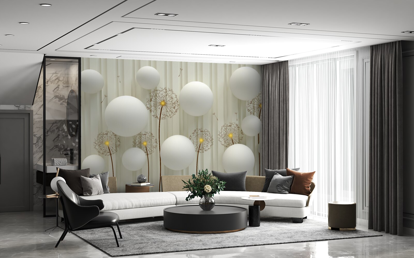 Фотошпалери композиція з білих кульок та квітучих кульбаб