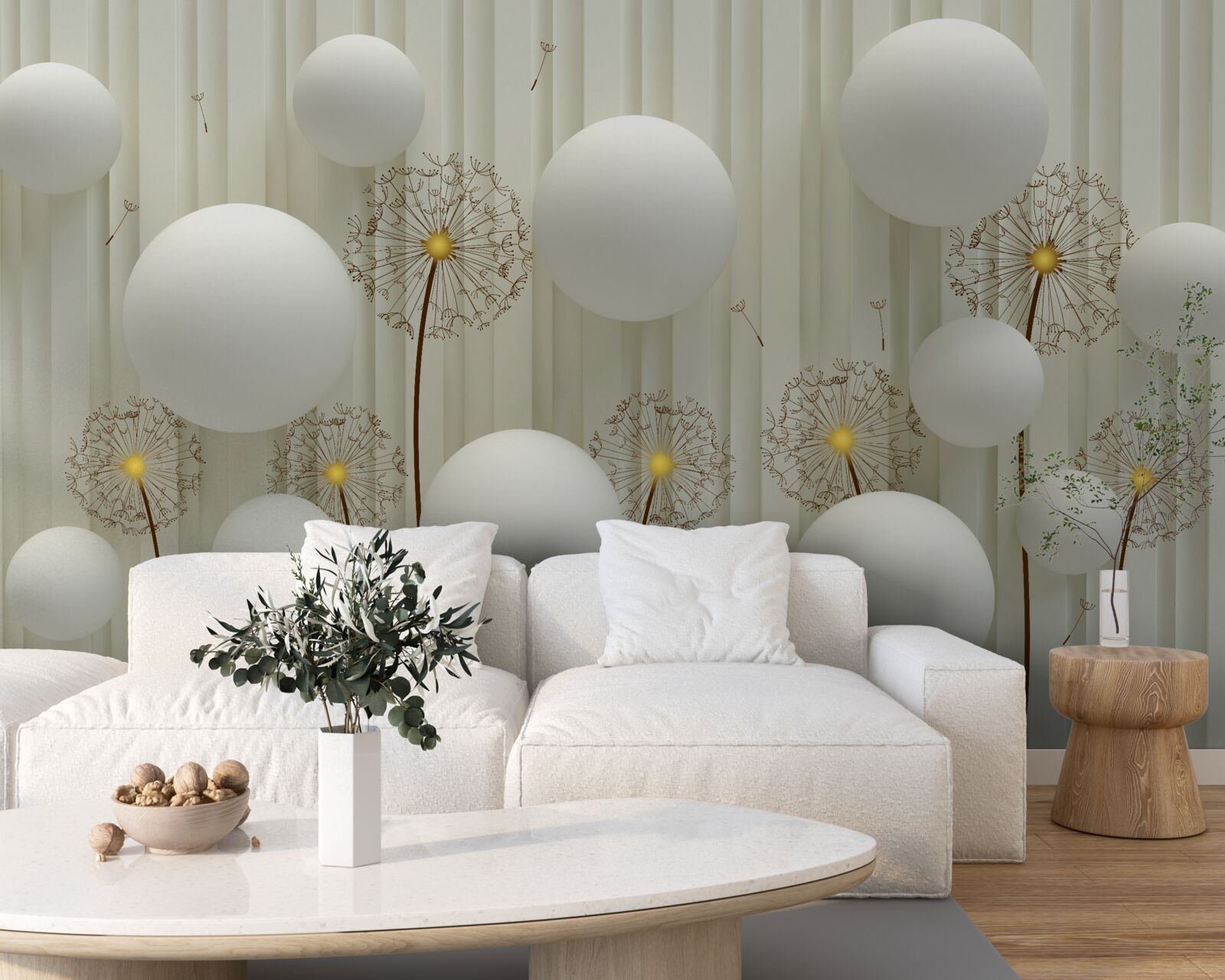 Фотошпалери композиція з білих кульок та квітучих кульбаб