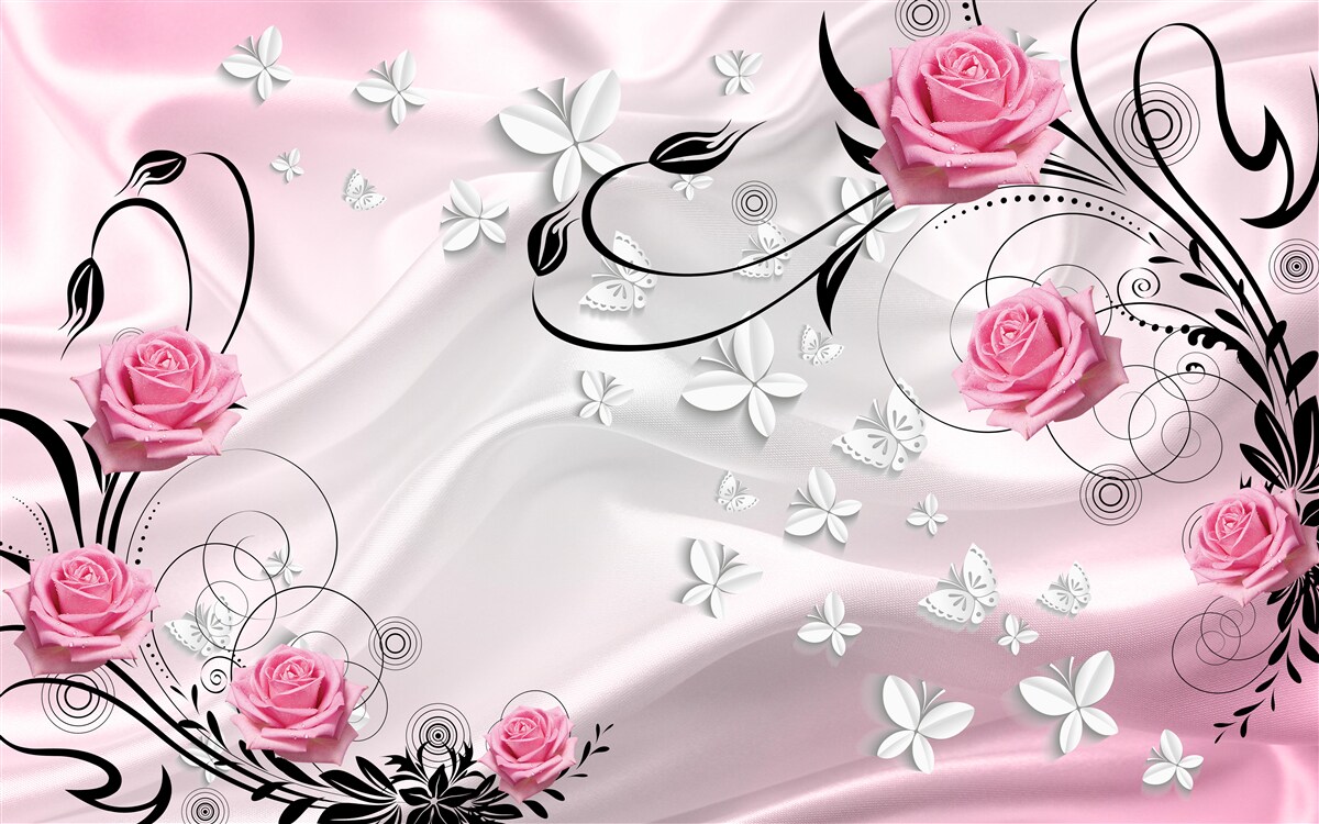 Фотошпалери рожеві троянди на тлі білосніжного шовку