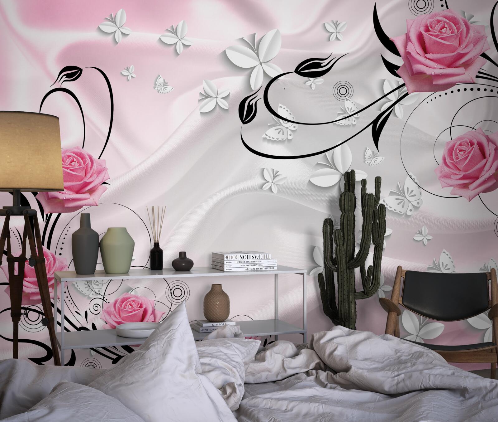 Фотошпалери рожеві троянди на тлі білосніжного шовку