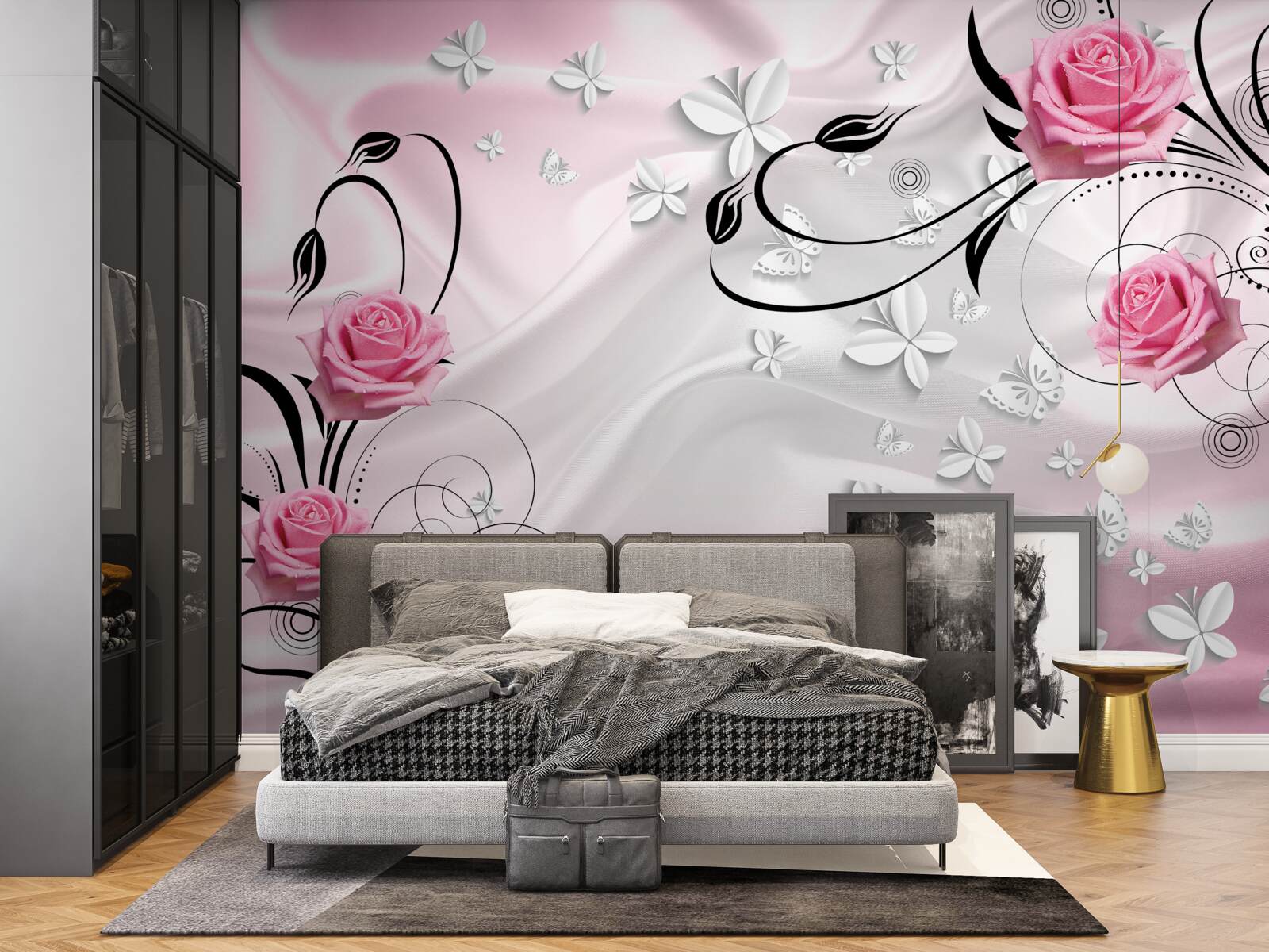 Фотошпалери рожеві троянди на тлі білосніжного шовку