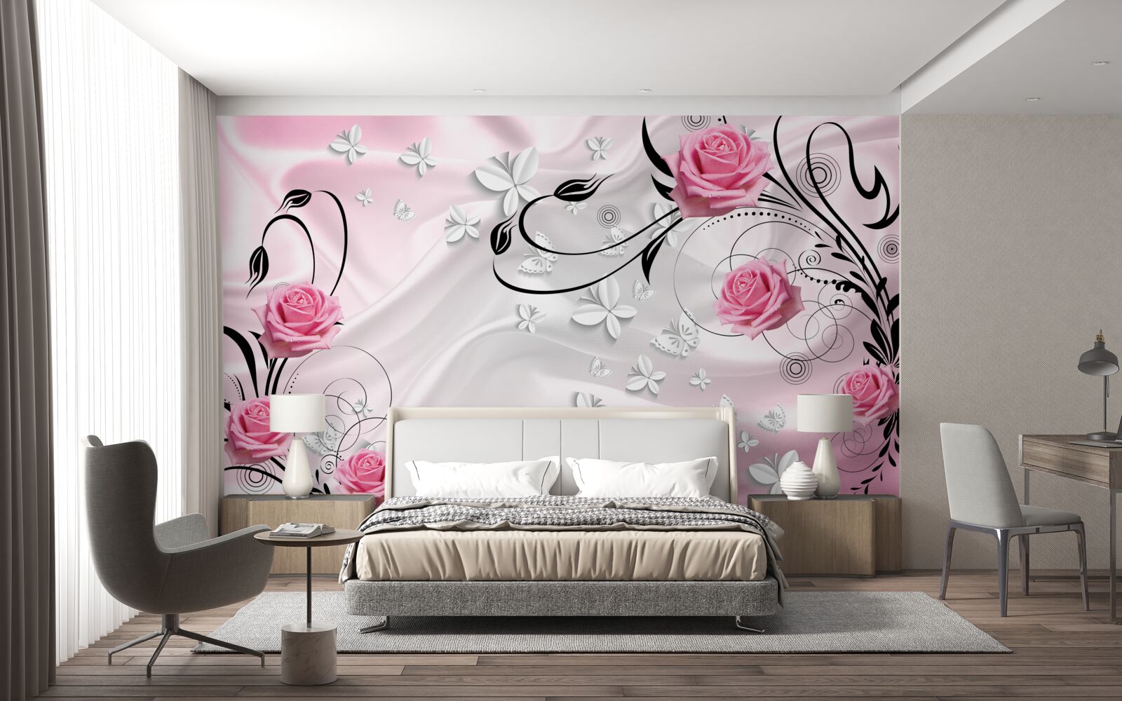 Фотошпалери рожеві троянди на тлі білосніжного шовку