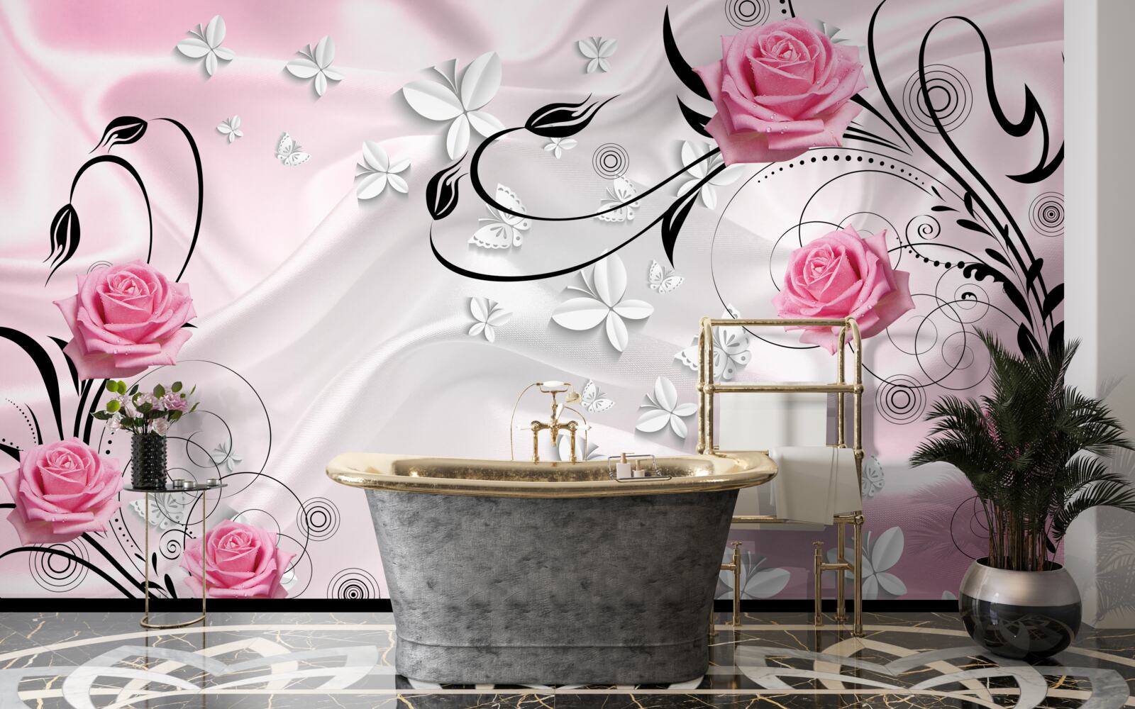 Фотошпалери рожеві троянди на тлі білосніжного шовку