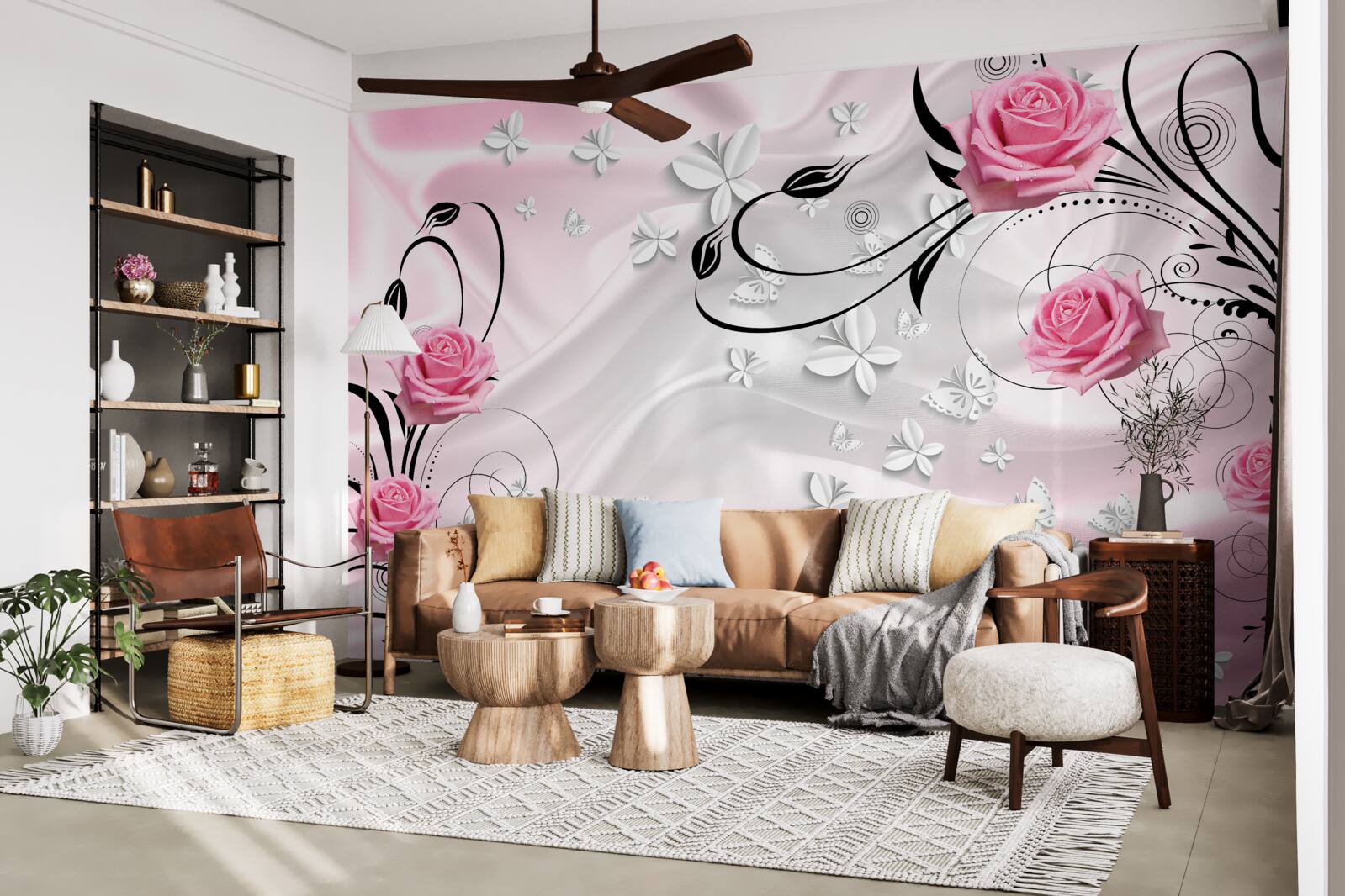 Фотошпалери рожеві троянди на тлі білосніжного шовку