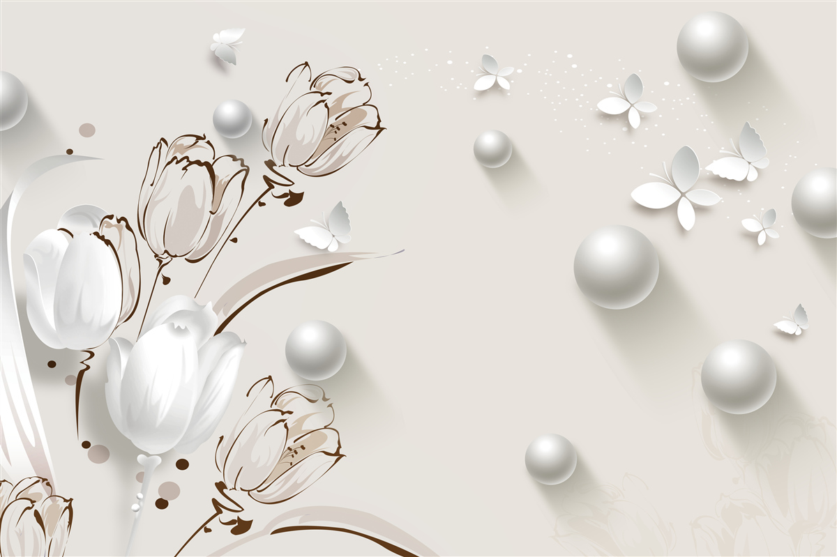 Фотошпалери квіти із золота та перлів у білосніжному відтінку