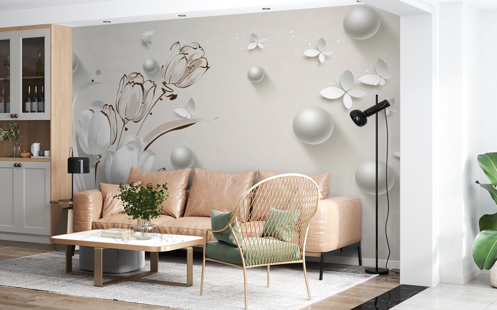 Фотошпалери квіти із золота та перлів у білосніжному відтінку