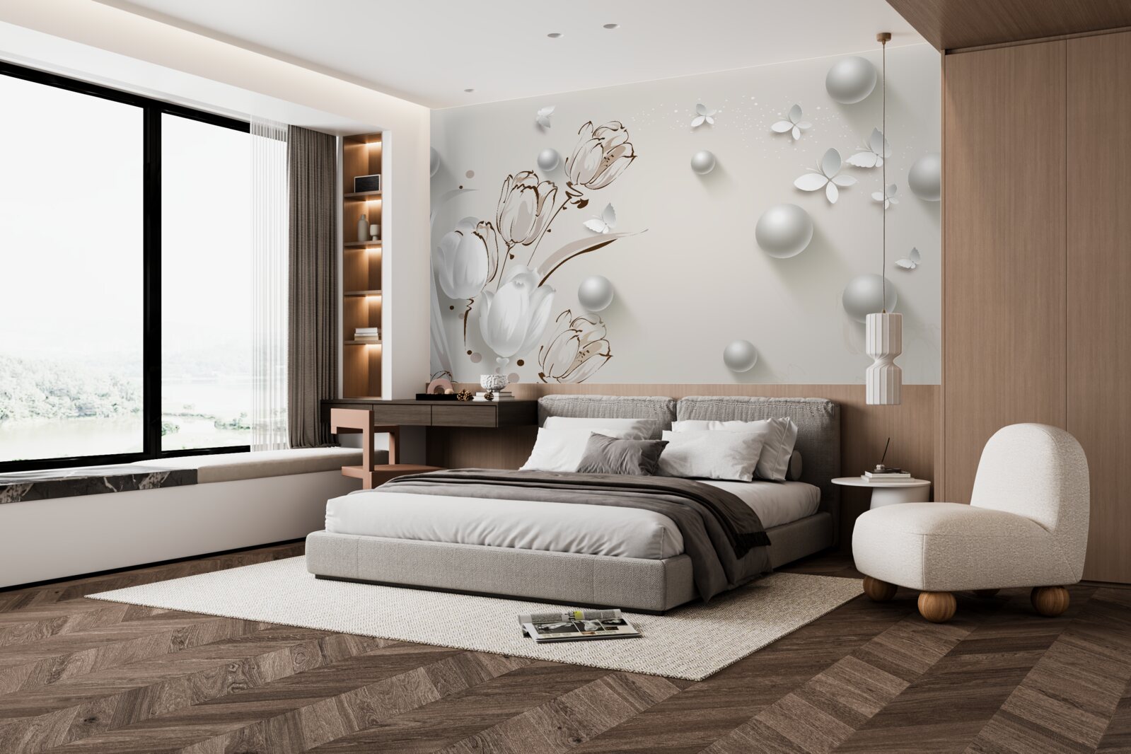 Фотошпалери квіти із золота та перлів у білосніжному відтінку