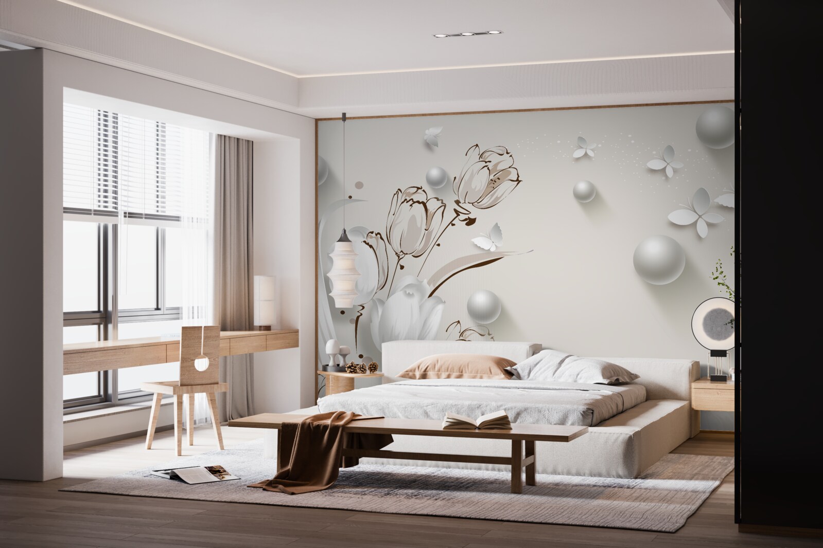 Фотошпалери квіти із золота та перлів у білосніжному відтінку