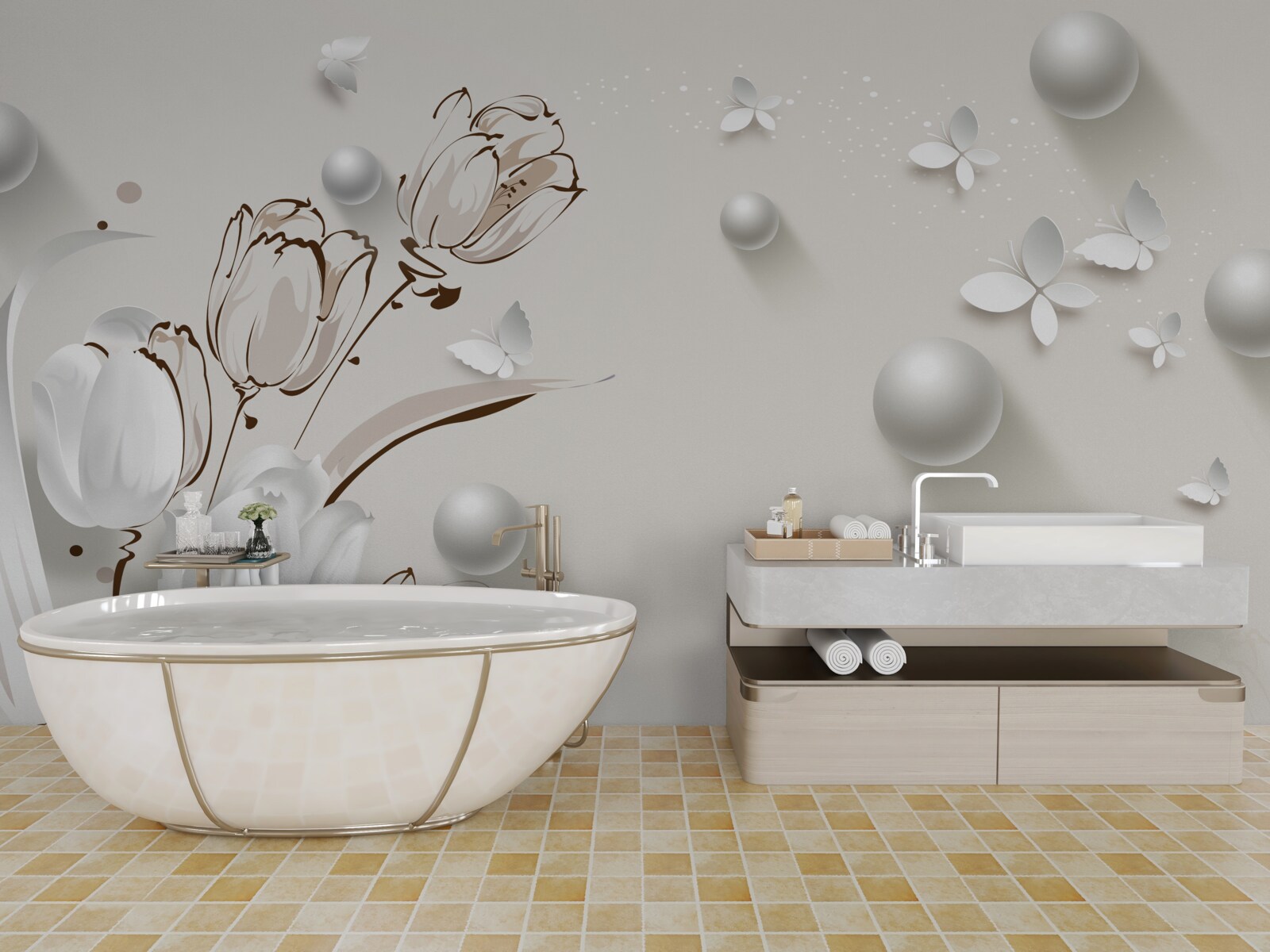 Фотошпалери квіти із золота та перлів у білосніжному відтінку