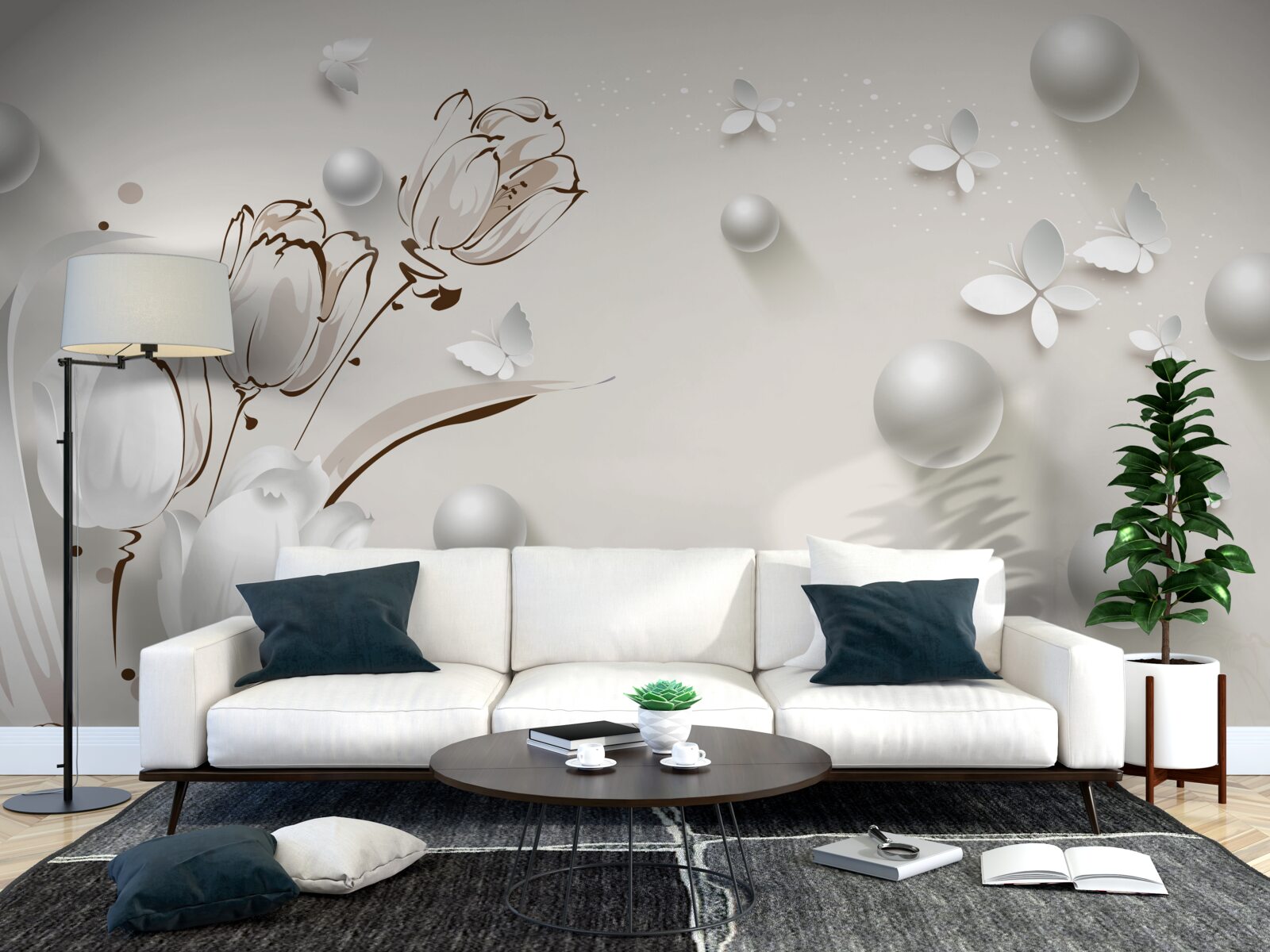 Фотошпалери квіти із золота та перлів у білосніжному відтінку