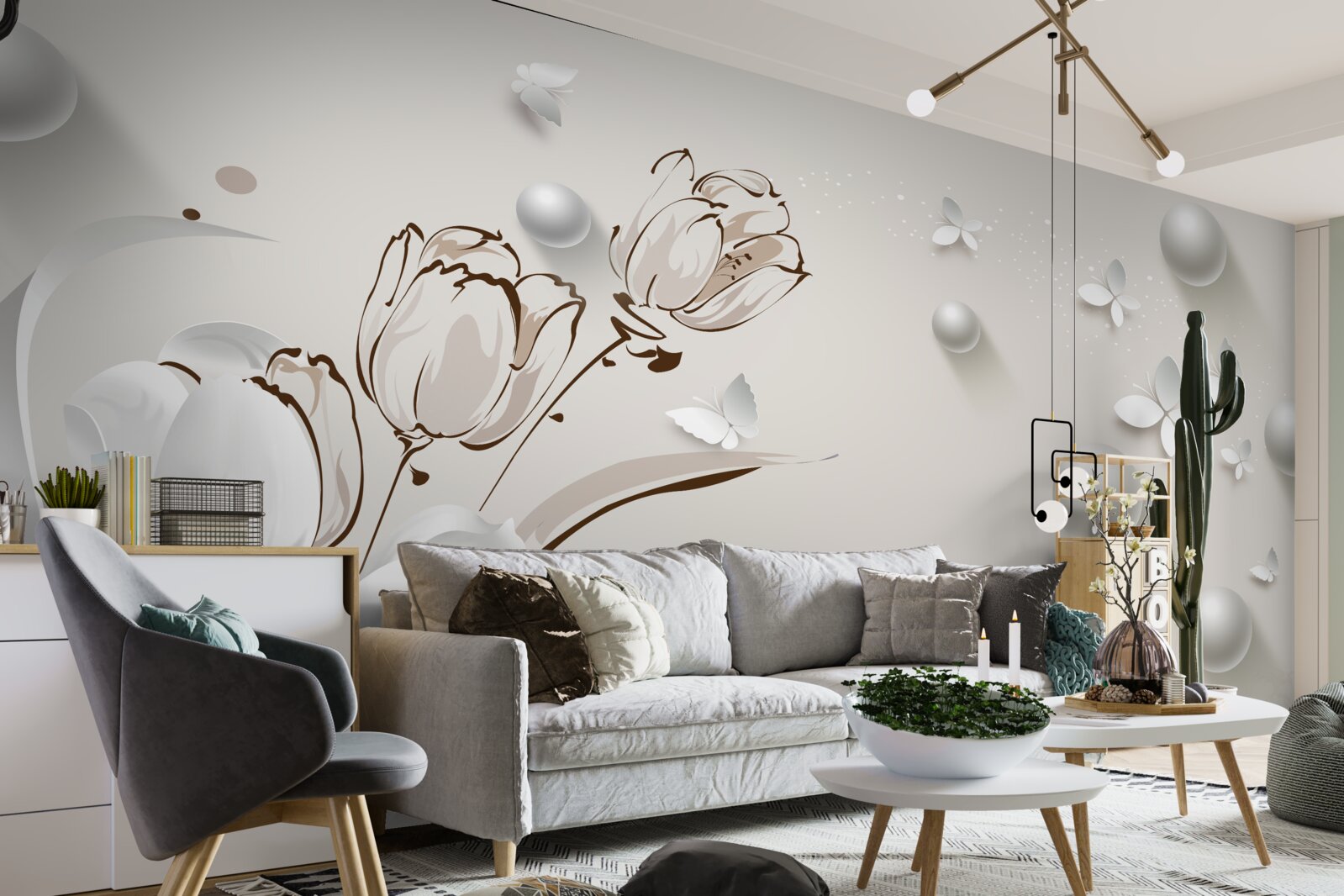 Фотошпалери квіти із золота та перлів у білосніжному відтінку