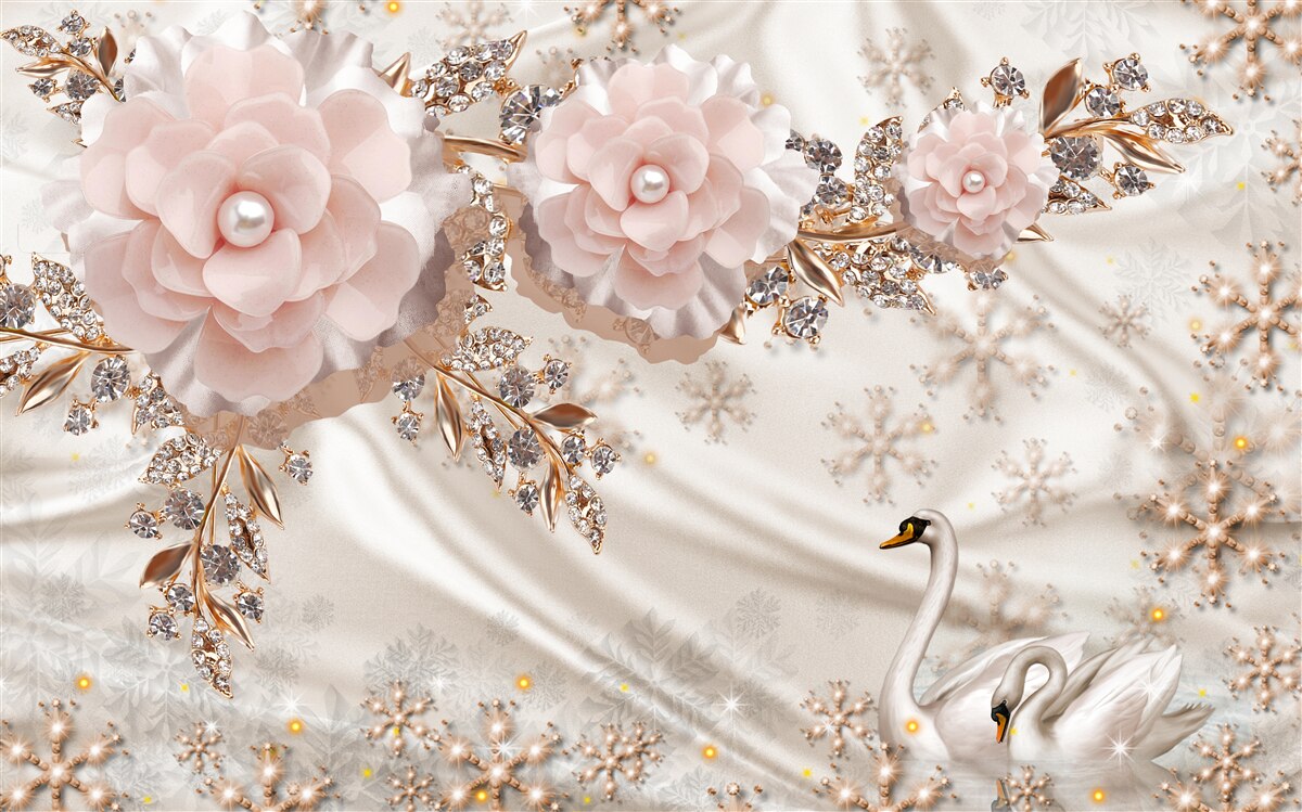Фотошпалери рожеві квіти прикрашені золотими та білосніжними лебедями