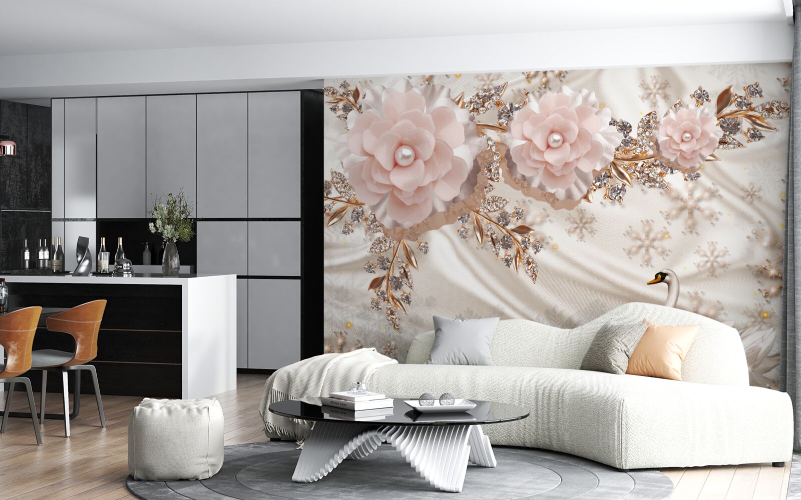 Фотошпалери рожеві квіти прикрашені золотими та білосніжними лебедями